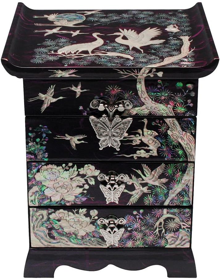 Mother of Pearl Crane Bird and Pine Tree Design Black Wooden Jewelry Drawer Mirror Trinket Keepsake Treasure Gift Asian Lacquer Box Case Chest Organizer