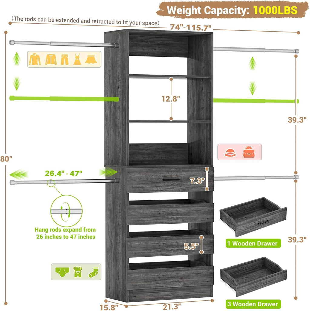 Aheaplus Closet System, 4-9 Ft Closet Organizer with 4 Wooden Drawers, Wood Closet Organizer System with Tower, Walk-in Closet Organizer Wardrobe Clothes Rack with 4 Hanging Rods, Black Oak