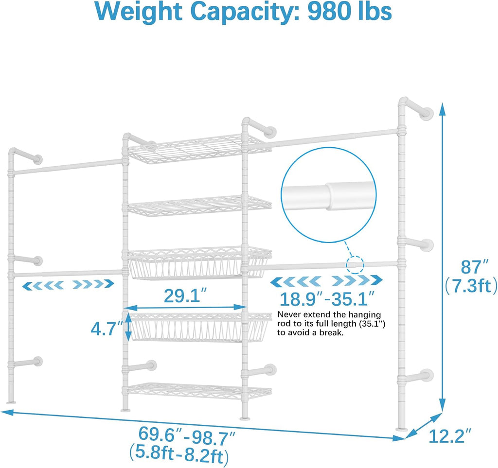 Timate X3i Garment Rack for Hanging Clothes Load 980lbs, Expandable Wall Mounted Closet System with Baskets Industrial Pipe Heavy Duty Clothes Rack Walk in Closet, Adjustable from 5'10' to 8'3', White