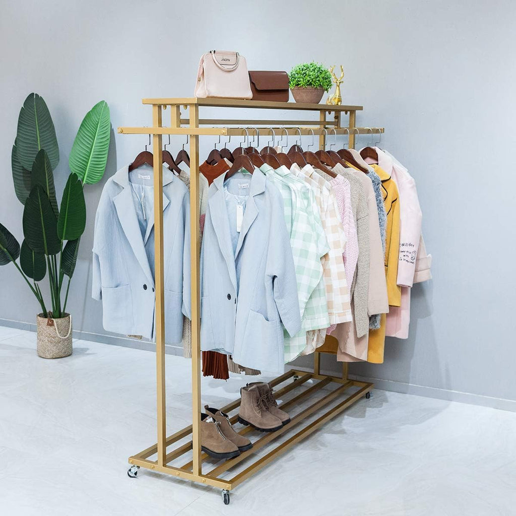 63' Heavy Duty Metal Clothing Rack with Wheels, Gold Garment Rack for Boutique Commercial Home Use, Standing Adjustable Rolling Display , Wardrobe Closet Organizer