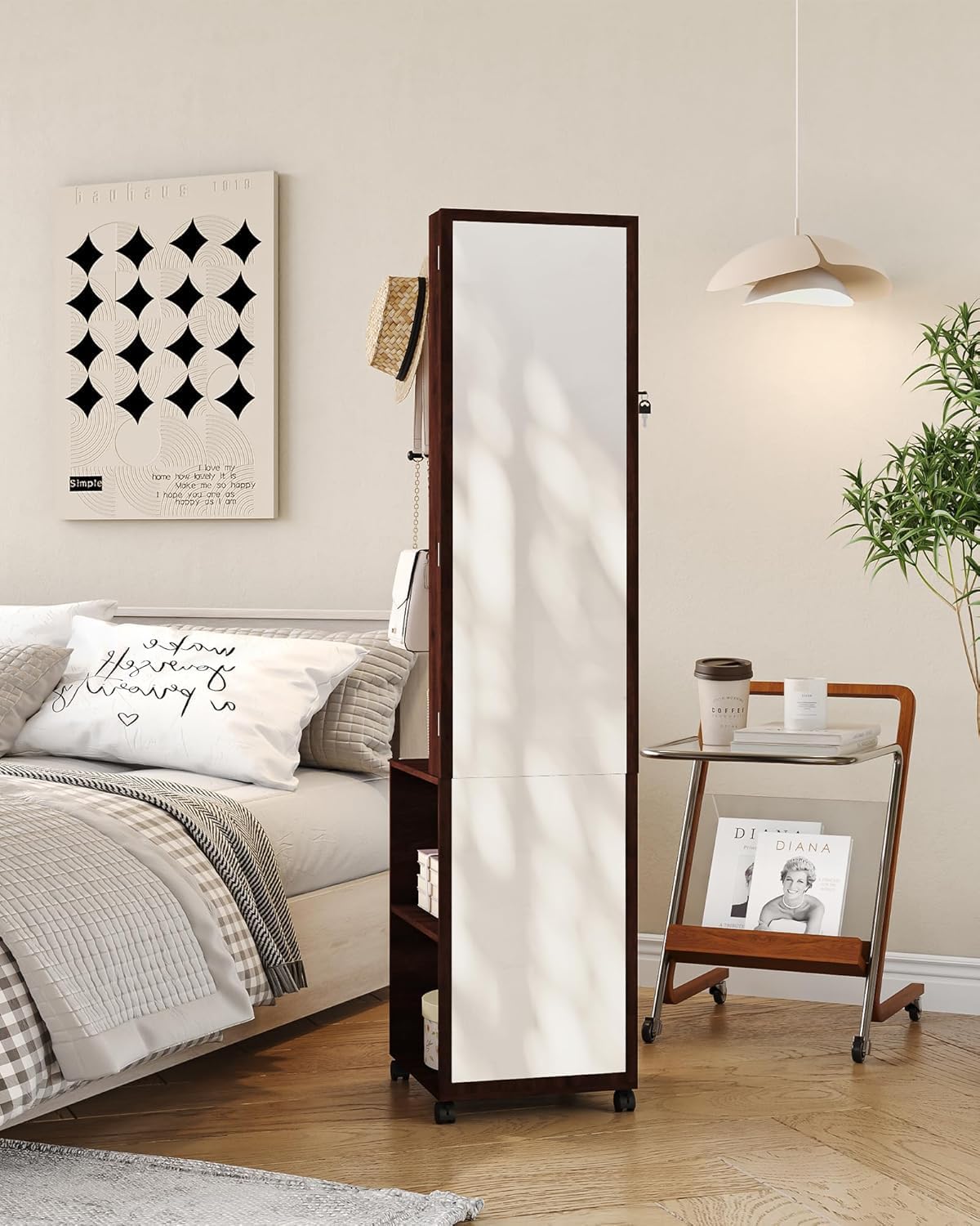 Hzuaneri 8 LEDs Jewelry Cabinet Armoire, 66.9-inch Jewelry Organizer with Garment Rack, Lockable Full-length Mirror with 4 Wheels, Storage Shelves with Hooks, 5-in-1, Brown JC17019B