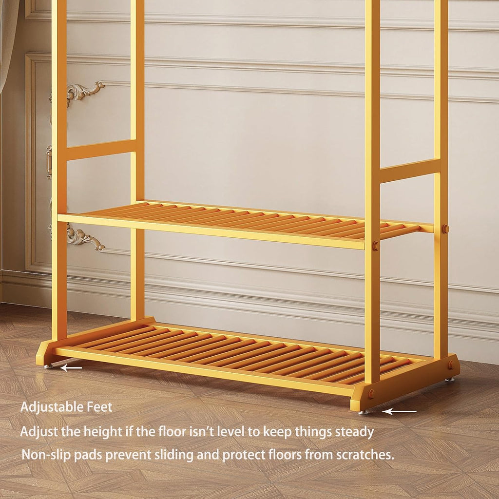 Gold Clothing Rack for Hanging Clothes,Sturdy metal clothes rack,Modern Garment Rack with Bottom Storage Shelves and 6 Side Hooks, Freestanding Wardrobe Rack for Bedroom or Closet