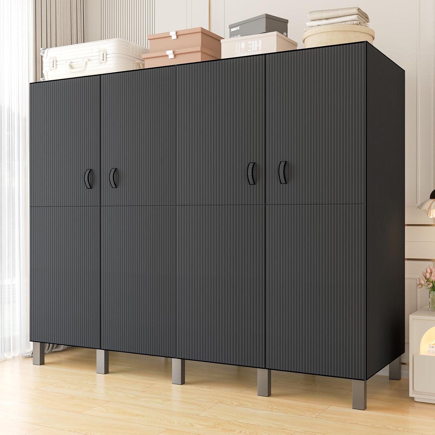 49.2in Foldable Portable Wardrobe with Magnetic Door Large Heavy Duty Rolling Covered Clothes Rack Folding Closet on Wheels Metal Garment Rack for Hanging Clothes (B,Black Door, 125cm/49.2in)