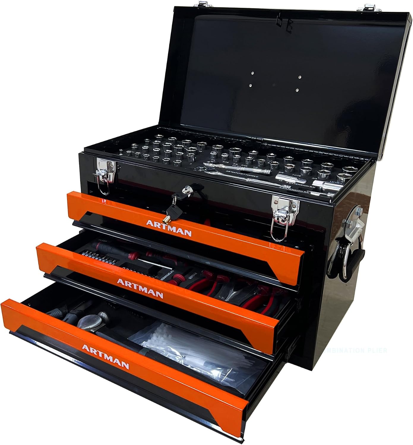Four layer steel strip, 439 parts and 3 drawer toolboxes, upgraded metal lock safety, practical storage tray to meet the needs of mechanical processing and maintenance