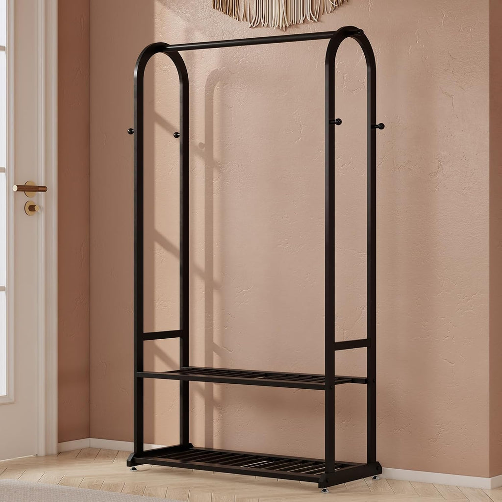 Freestanding Clothes Rack,Sturdy Metal Garment Racks for Hanging Clothes,Black Clothing Racks with bottom shelves & 6 Hooks,Multi-Functional Wardrobe Rack for Bedroom or Closet