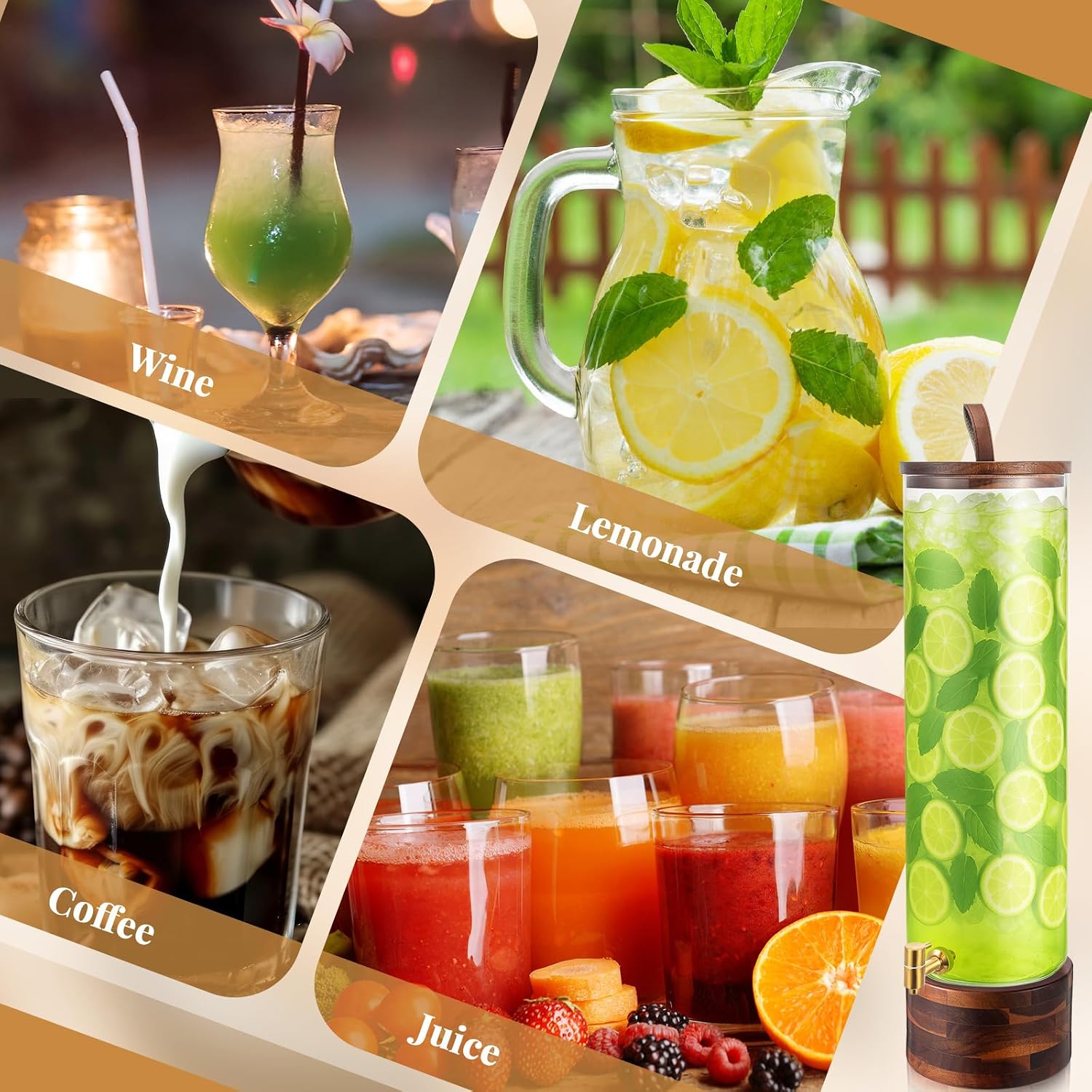 FillTouch 1 Pack 5 Gallon Glass Drink Dispenser with Acacia Wood Stand & Lid,Stainless Steel Spigot ,Large Leak-Proof Drink Beverage Dispenser for Juice Lemonade Sangria Party Weddings Outdoor Events