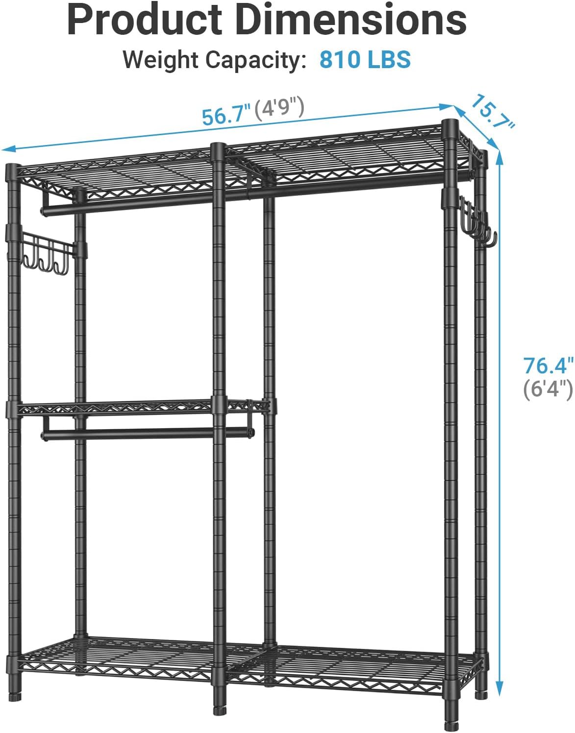 VIPEK V4 Heavy Duty Clothing Rack for Hanging Clothes 810lbs Load Capacity, Double Rod Garment Rack with Adjustable Shelves & Side Hooks, Metal Wardrobe Closet System Easy to Assemble, (Black)