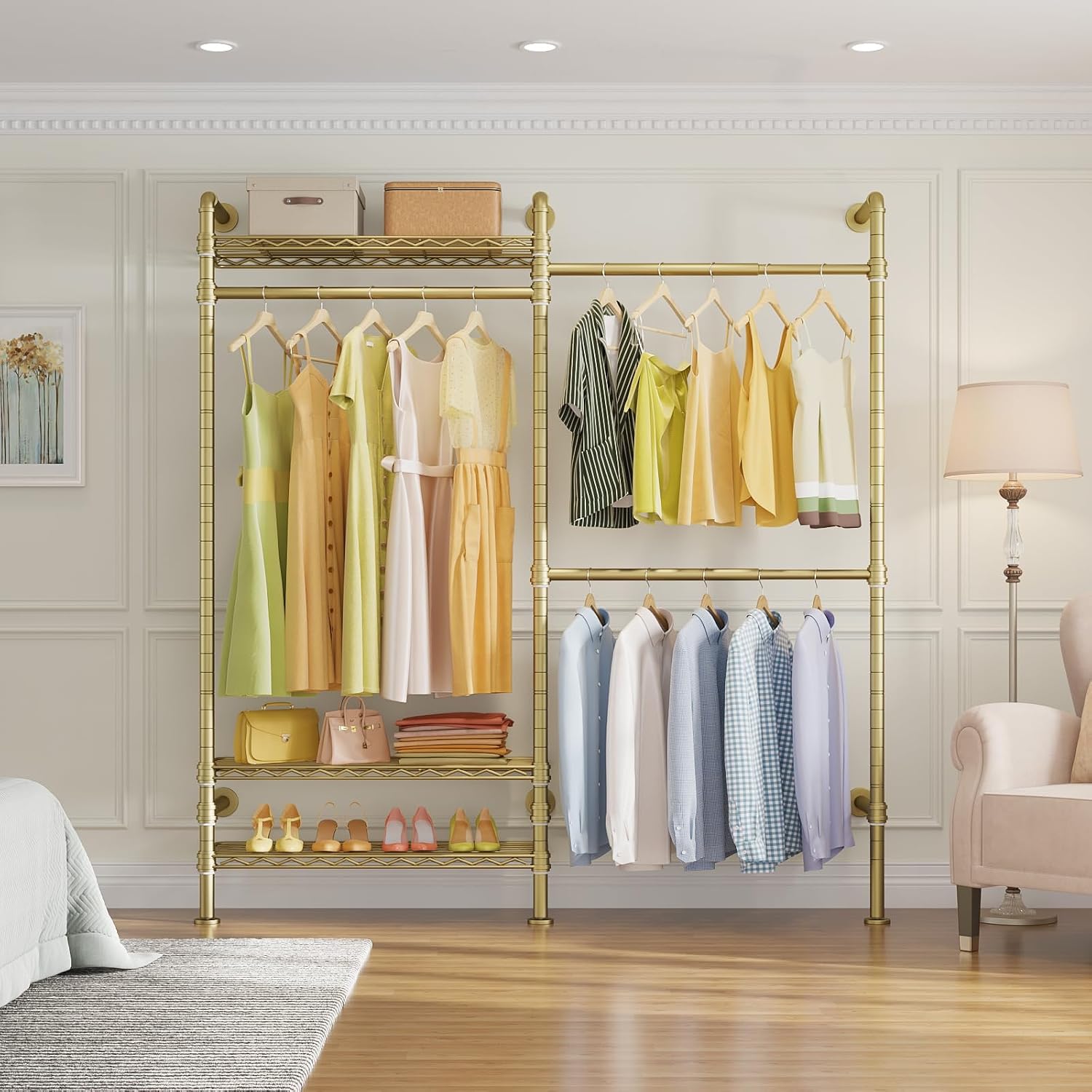 Timate F2 Industrial Pipe Clothes Rack Wall Mounted Clothing Rack for Hanging Clothes, Expandable Garment Rack Heavy Duty Wardrobe Closet Organizer and Storage, Adjustable Industrial Closet Kit, Gold