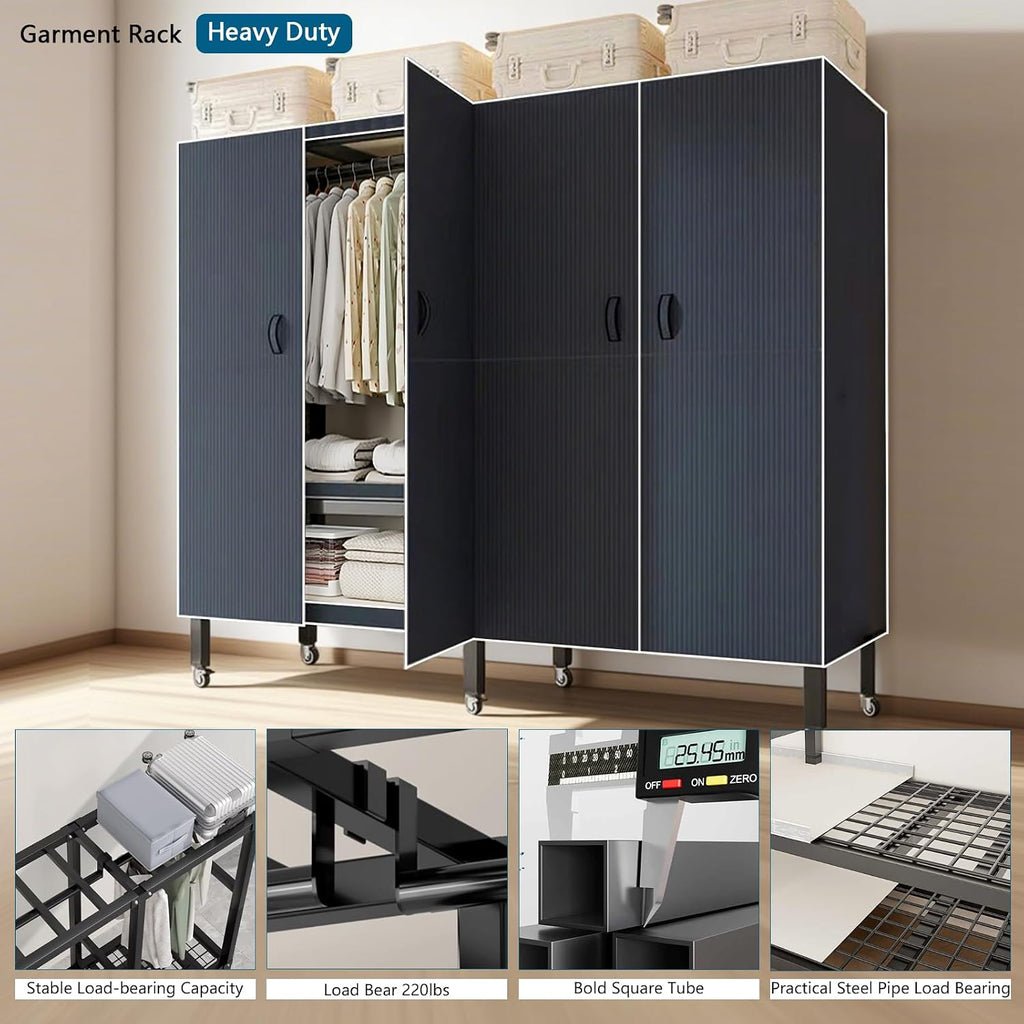 49IN Foldable Portable Armoire Wardrobe Closet for Hanging Clothes Rack, Heavy Duty Covered Clothes Rack with Cover(HARDBOARD Magnetic), Square Tube Black Metal Closet Garment Rack for Bedroom Storage