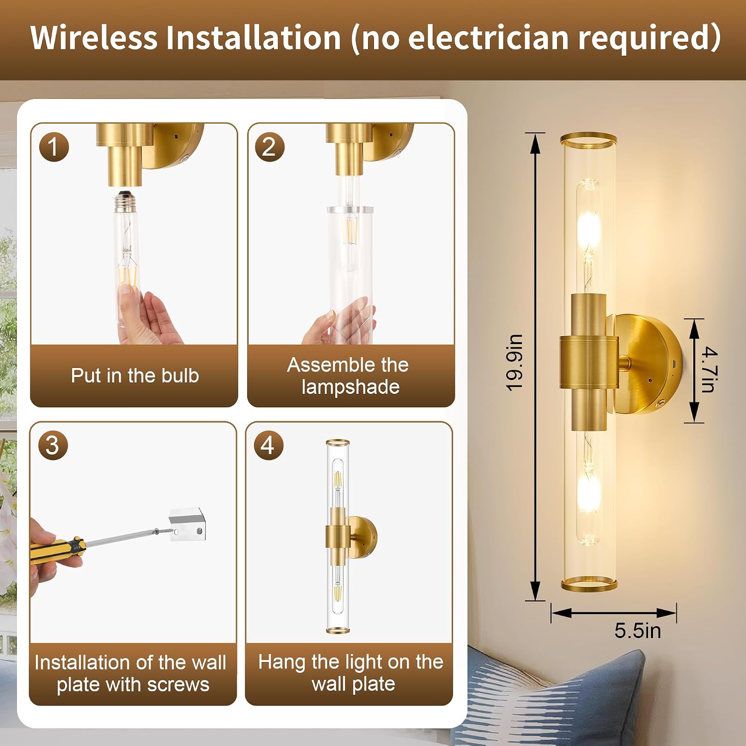 Morauroral Gold Battery Operated Wall Sconces Set of 2, Rechargeable Wall Lights with Remote Control, 20 Inch Modern Wireless Wall Lamp for Bedroom, Living Room with Clear Glass Shade (Bulbs Included)