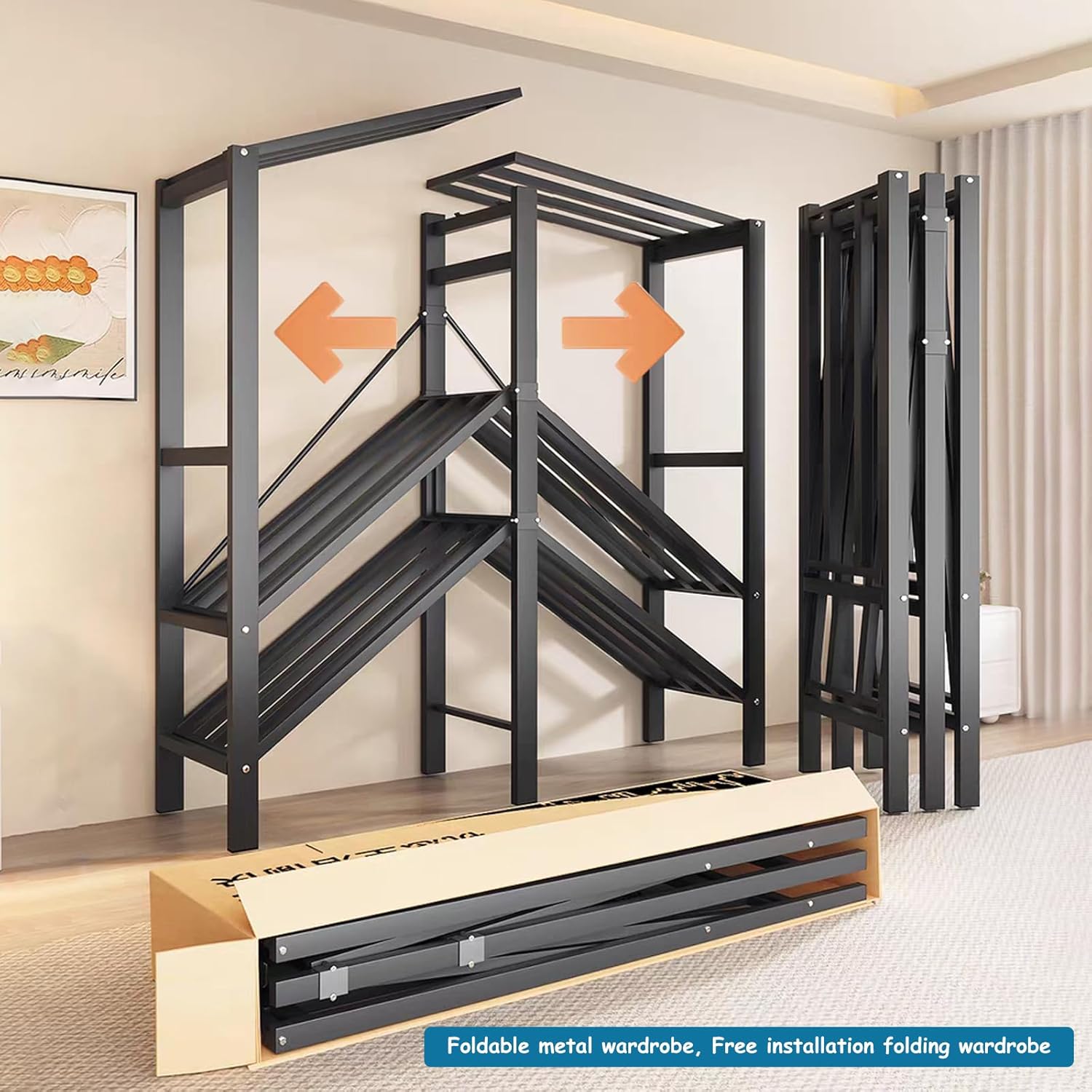Heavy Duty Covered Clothes Rack with Magnetic Door 1500LBS Foldable Portable Wardrobe Closet for Hanging Clothing Rolling Black Metal Garment Rack on Wheels Closet System (navy blue doors, 39.7in)