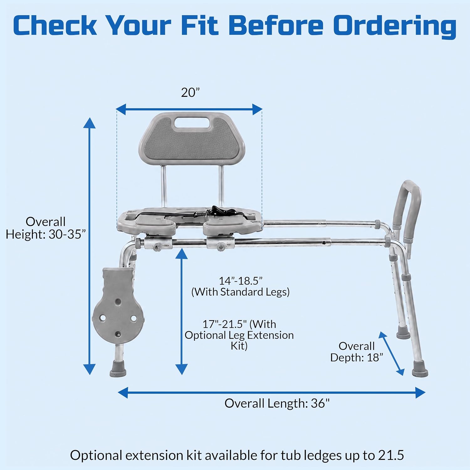 Platinum Health Sliding Shower Chair HydroGlyde Premium Heavy Duty, Padded Bathtub Transfer Bench with Cut Out Seat, for Bath Tub, Adjustable Legs, and Safety Belt, Quick Tool-Less Assembly, Gray
