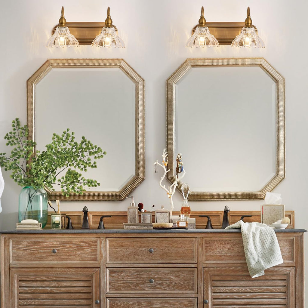 Vintage 2-Light Bathroom Vanity Light Wall Sconce Gold Wall Light Made of Metal Body and Pressed Patterned Glass Retro Vanity Light for Bedroom, Bathroom, Farmhouse, Hallway