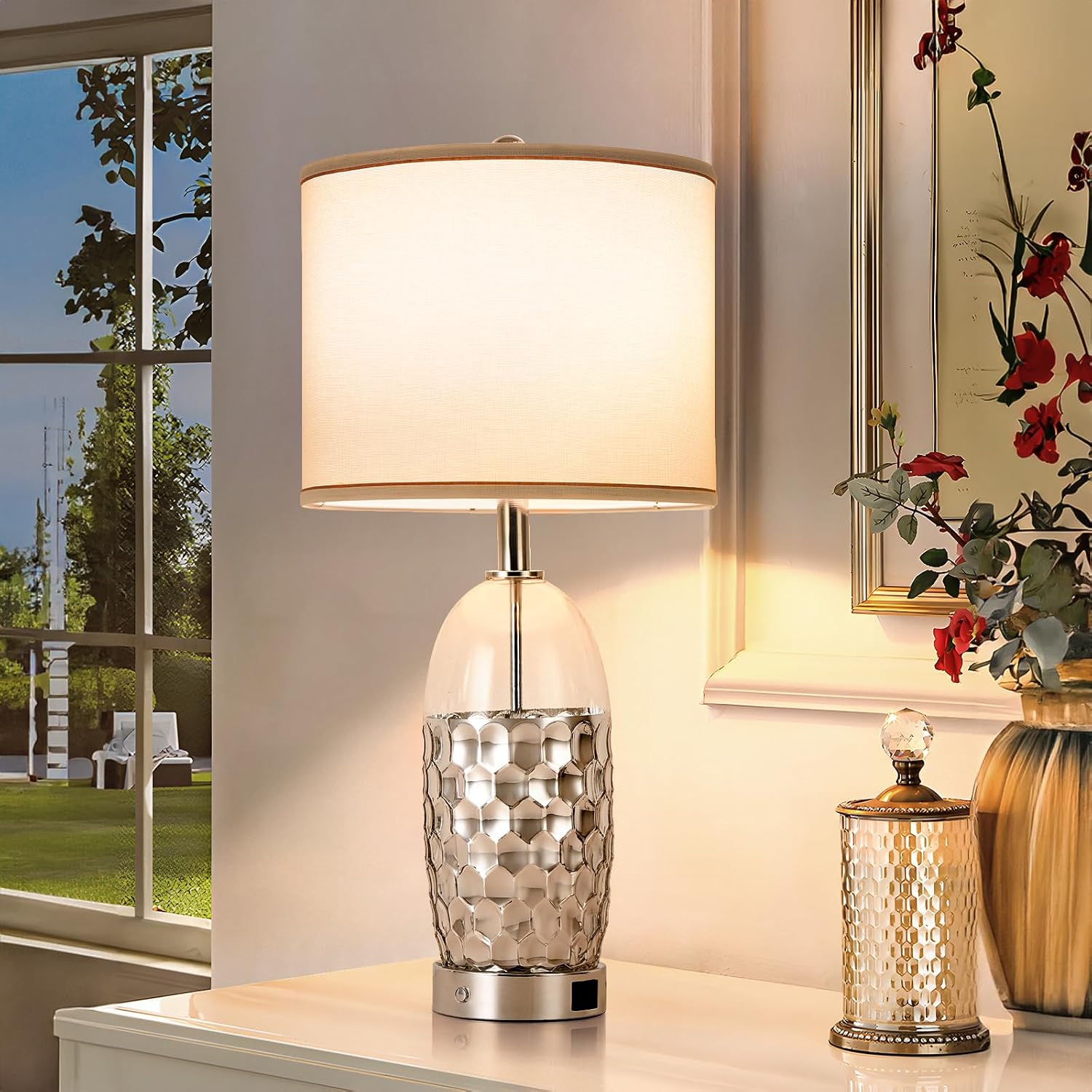Modern Glass Table Lamps, 3-Way Dimmable Touch Control Bedroom Lamps for Nightstands，Bedside Lamps Set of 2 with USB A+C Ports,Living Room，Home，Office with Linen Shade (Bulbs Included)