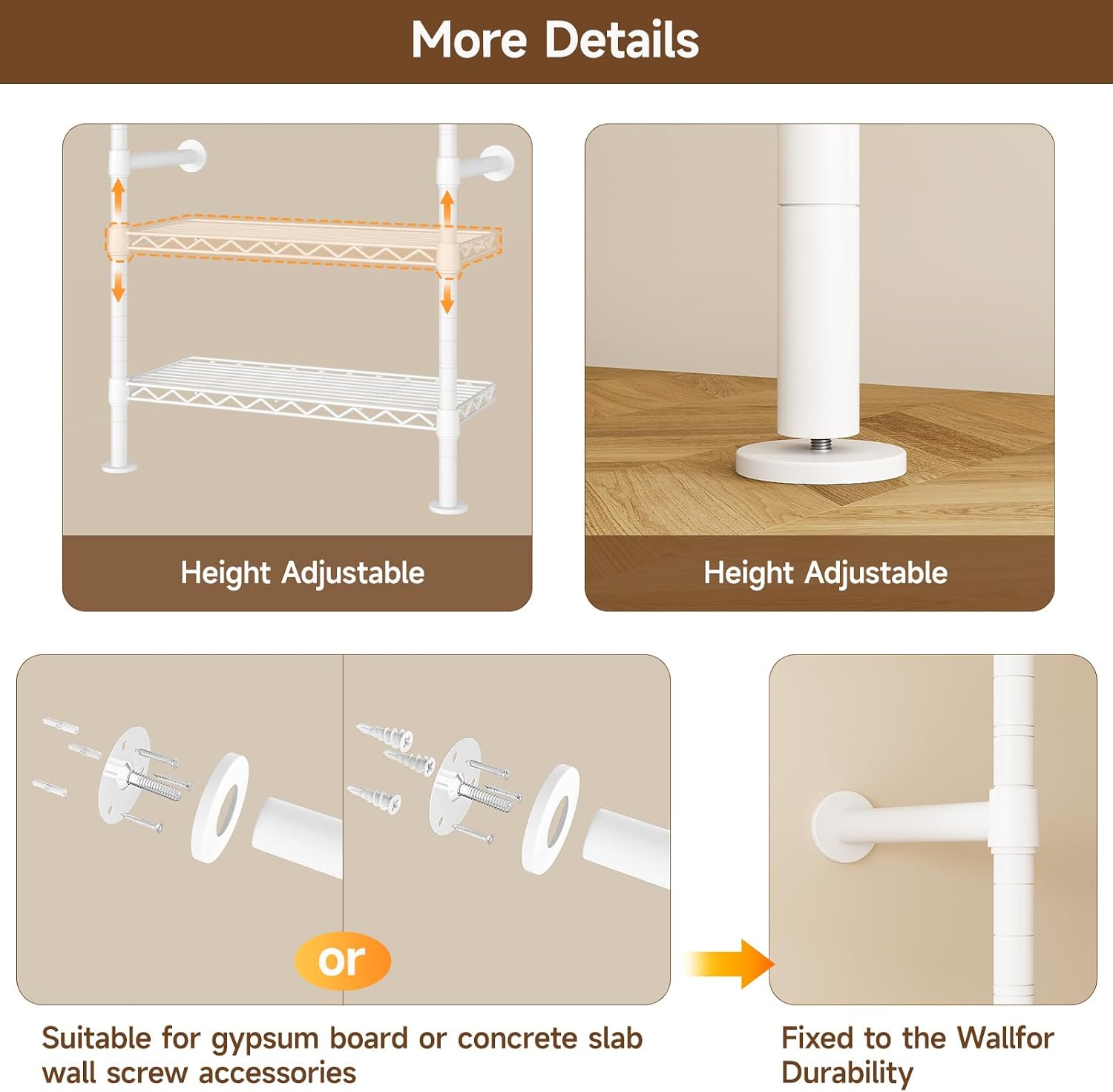 ONBRILL L4 Wall Mounted Industrial Pipe Clothing Rack, Closet Organizer System with 6 Hanging Clothes Rods ( 4 Expandable Rods) & 8 Shelves, Heavy Duty Corner Garment Rack, Large Wardrobe - White