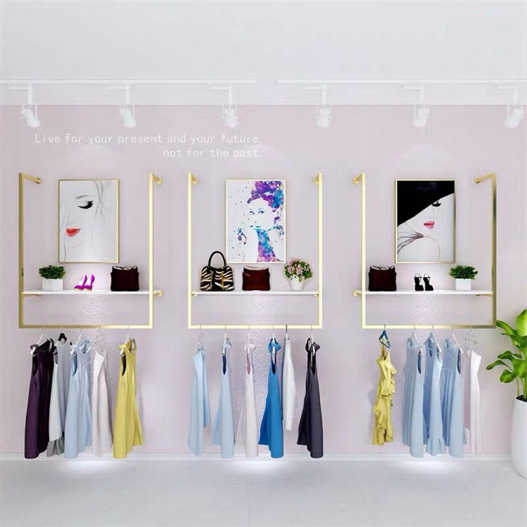 Clothing Store Square Tube Metal Display Stands, Entrance Porch Organization Hanging Garment Rack,Wall Mounted Storage Clothes Shoe Bag Pipe Shelf Bookshelf (Gold, 39' L)