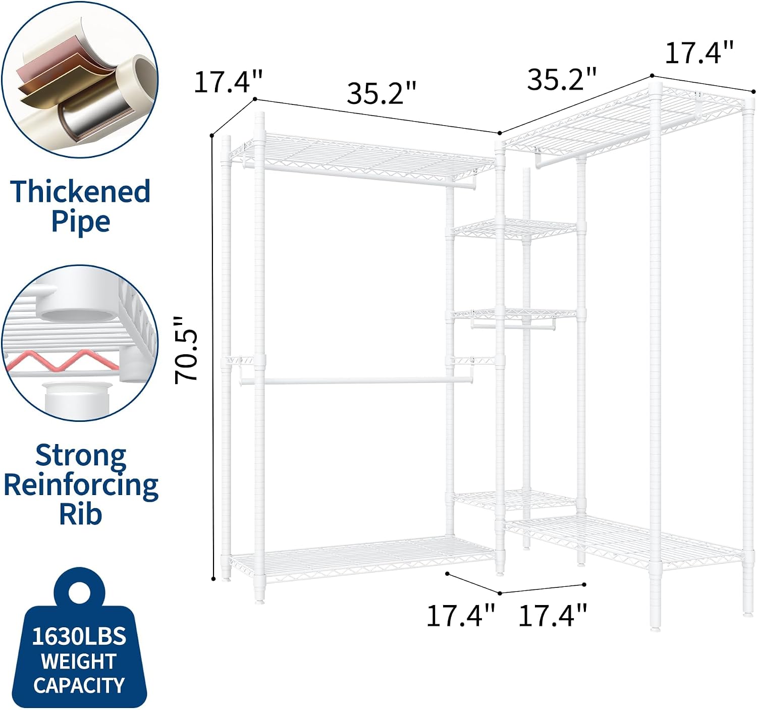 1630 LBS Heavy Duty Clothes Rack with Adjustable Shelves, 5 Tiers L-Shaped Freestanding Closet Organizer and Storage for Hanging Clothes, 85.4' W x 17.4' D x 70.5' H