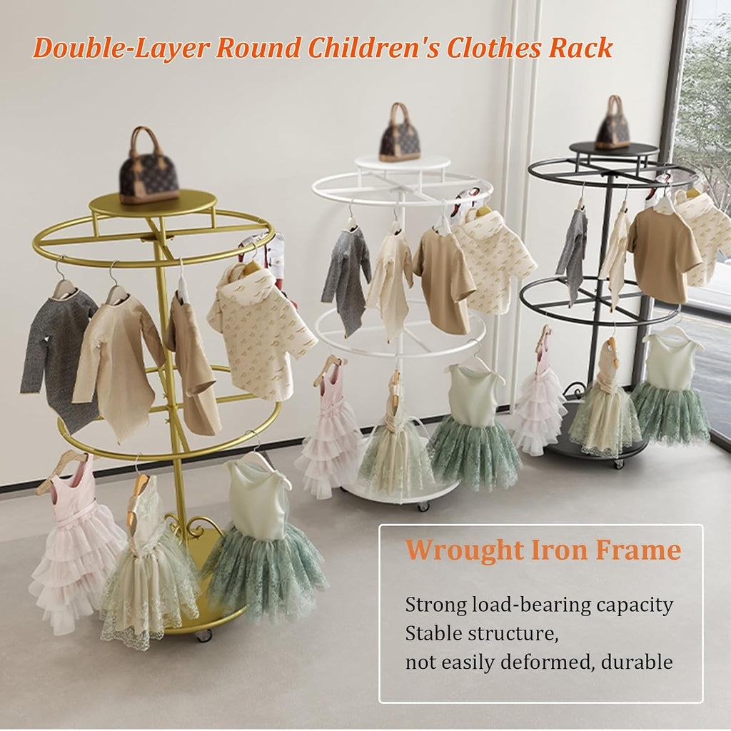 Rotatable Round Clothes Rack, 2-tier Retail Kids Garment Rack with Top Shelf and Wheels, Retail Clothing Display Stand with Wheels, for Boutique Retail Display(Black)