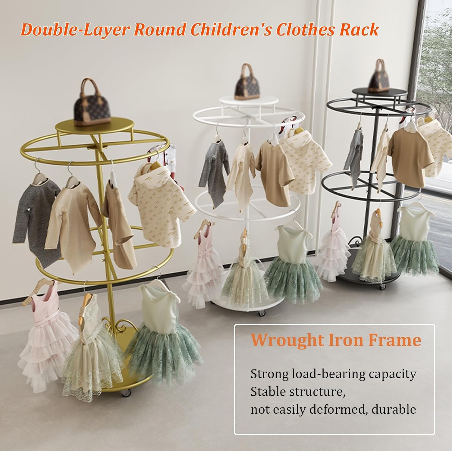 Rotatable Round Clothes Rack, 2-tier Retail Kids Garment Rack with Top Shelf and Wheels, Retail Clothing Display Stand with Wheels, for Boutique Retail Display(Black)