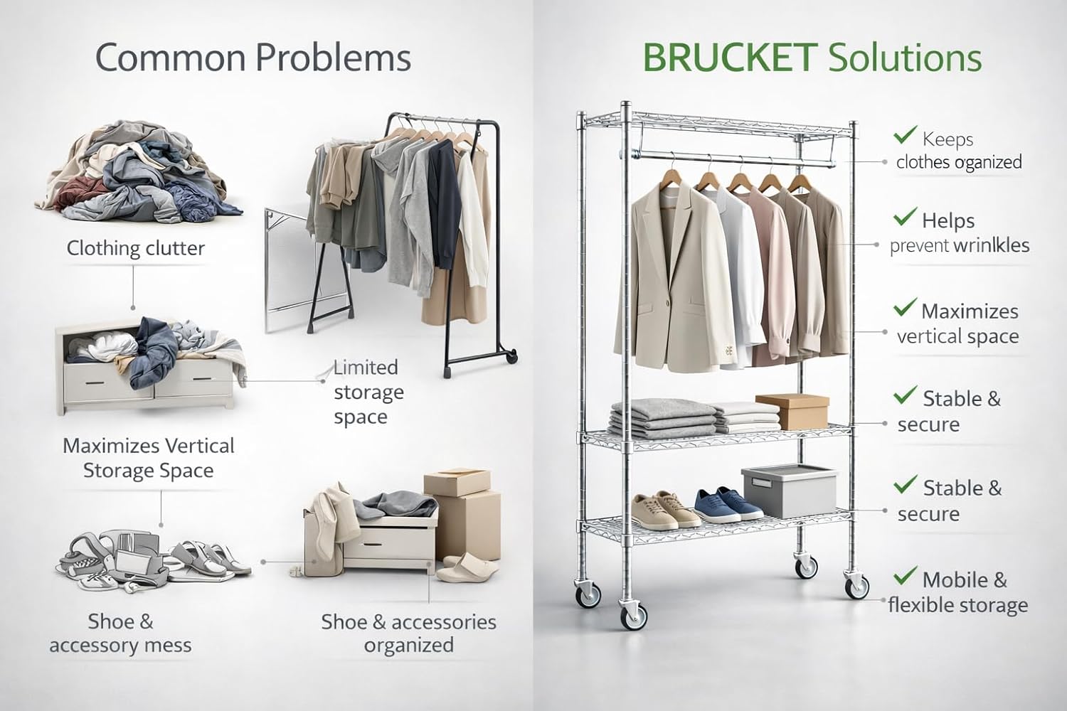 Garment Rack, Chrome Commercial Clothing Rack for Retail, Events & Storage, Adjustable Steel Clothes Rack with High Weight Capacity for Professional Use (Mobile, W18'' x L24'' x H70'')