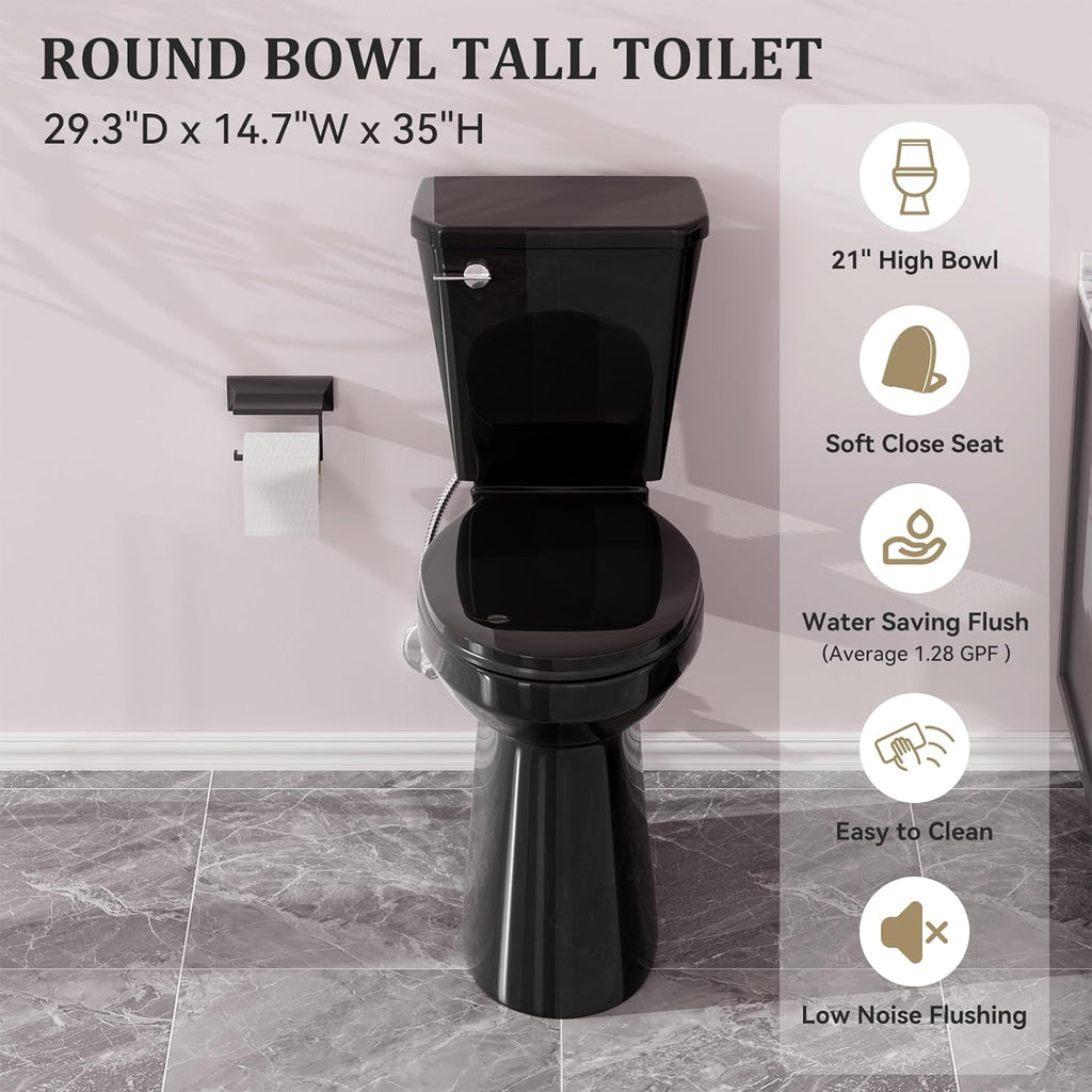 Simple Project Tall Toilet for Seniors 21 inch Extra High Toilets, Comfort Bowl Heigh 21', Seat Height 22', Two-Piece Toilet 1.28GPF Powerful, 12 Inch Rough-in, Black Color, Ada Toilets for Bathroom