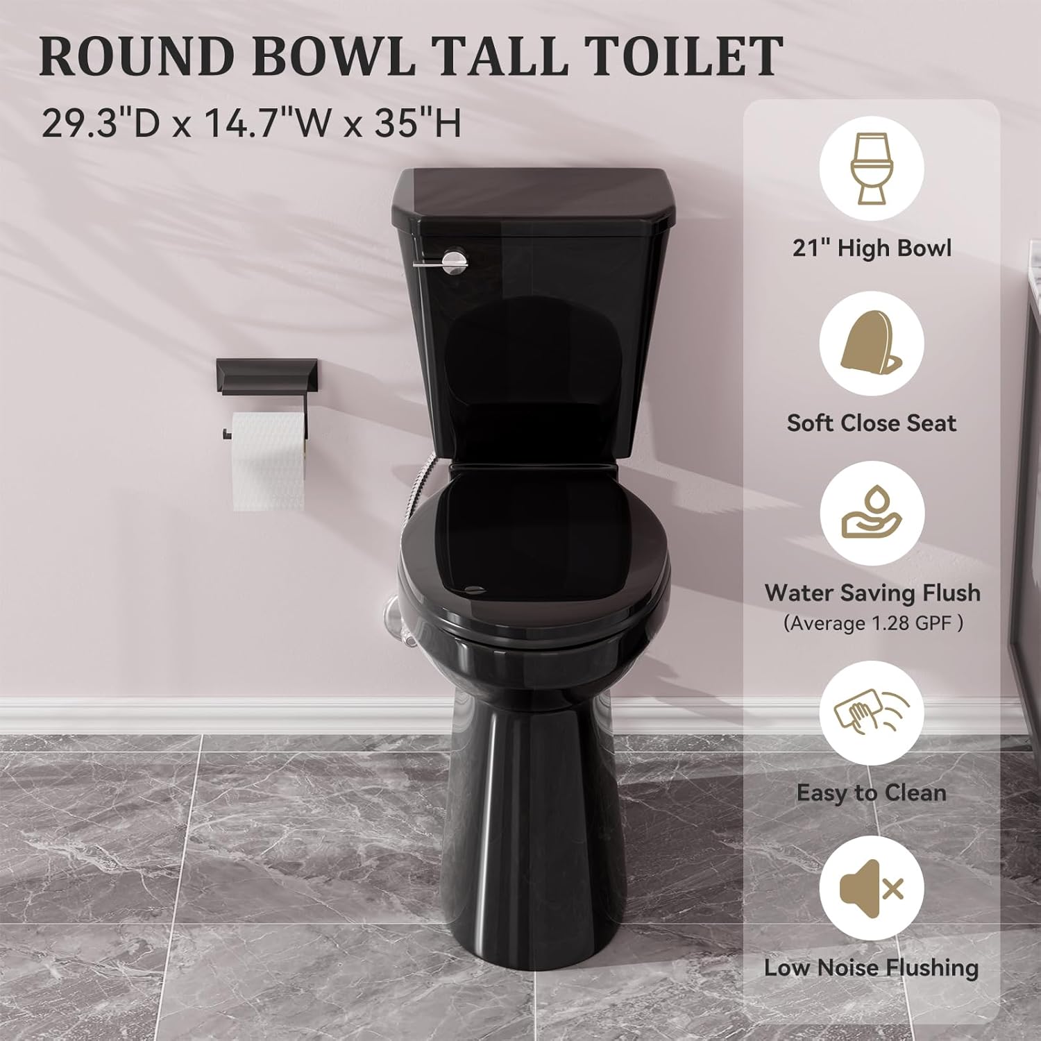 Simple Project Tall Toilet for Seniors 21 inch Extra High Toilets, Comfort Bowl Heigh 21', Seat Height 22', Two-Piece Toilet 1.28GPF Powerful, 12 Inch Rough-in, Black Color, Ada Toilets for Bathroom