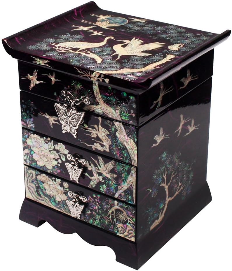 Mother of Pearl Crane Bird and Pine Tree Design Black Wooden Jewelry Drawer Mirror Trinket Keepsake Treasure Gift Asian Lacquer Box Case Chest Organizer
