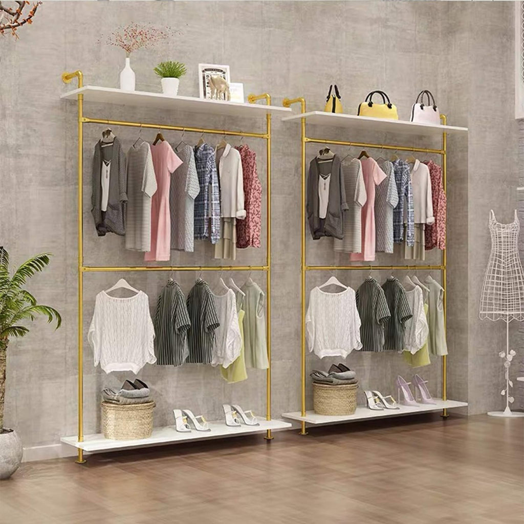 Industrial Clothing Store 2-Tier Pipe and Wood Garment Rack,Wall Mounted Storage Clothes Shoe Bag Hanging Shelves,Retail Shop Clothes Display Stands (Gold, One Pipe Shlef, 47.2' L)