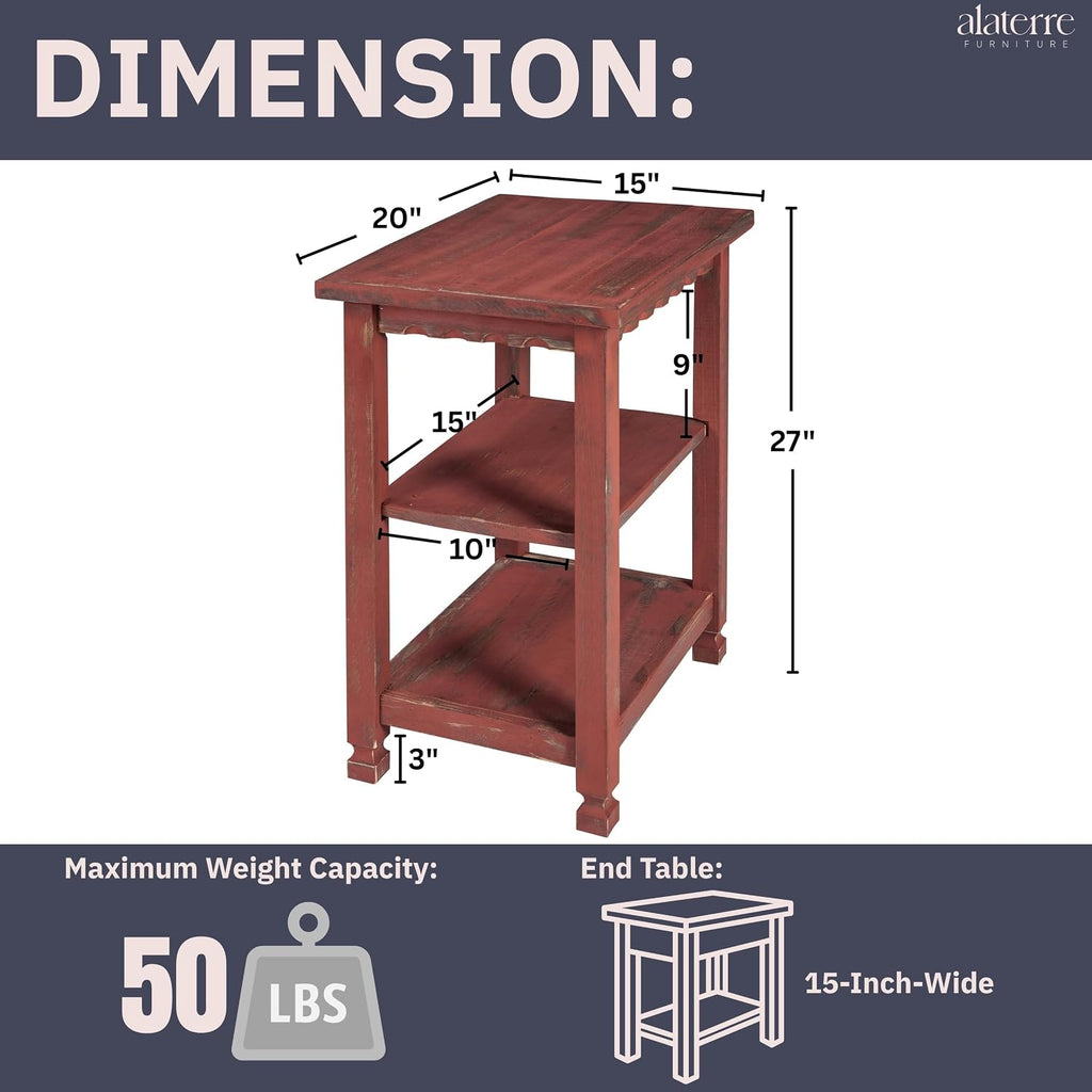 Alaterre Furniture Country Cottage Rustic Farmhouse Nightstand – 3-Tier Narrow End Table with Weathered Faded Finish, Carved Edges, & Turned Legs (Distressed Antique Red)