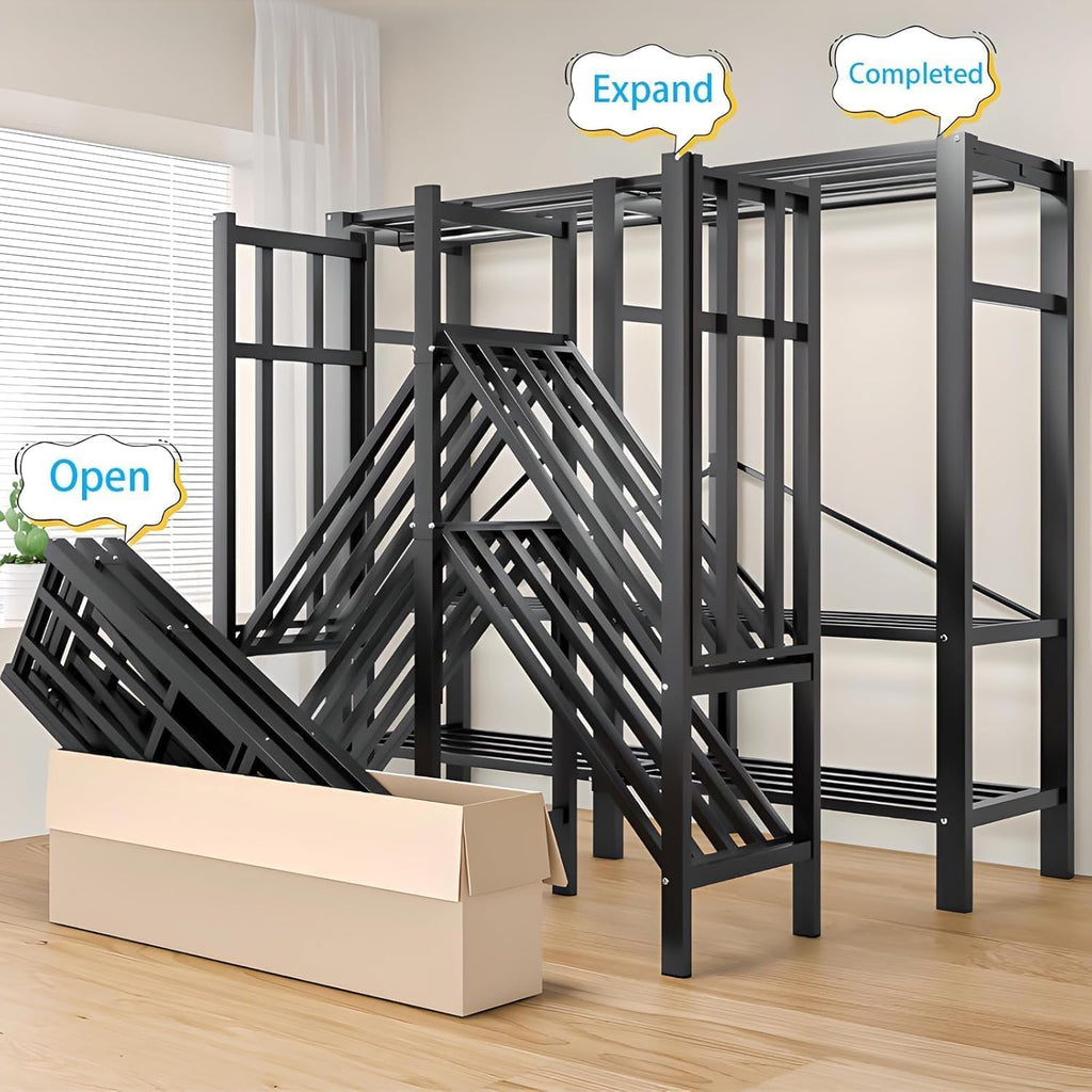 Heavy Duty Portable Closet with Cover 1200Ibs Foldable Covered Clothes Rack for Hanging Clothes Armoire Wardrobe Closet System Freestanding Coat Storage Garment Racks (150cm/59in（black）)