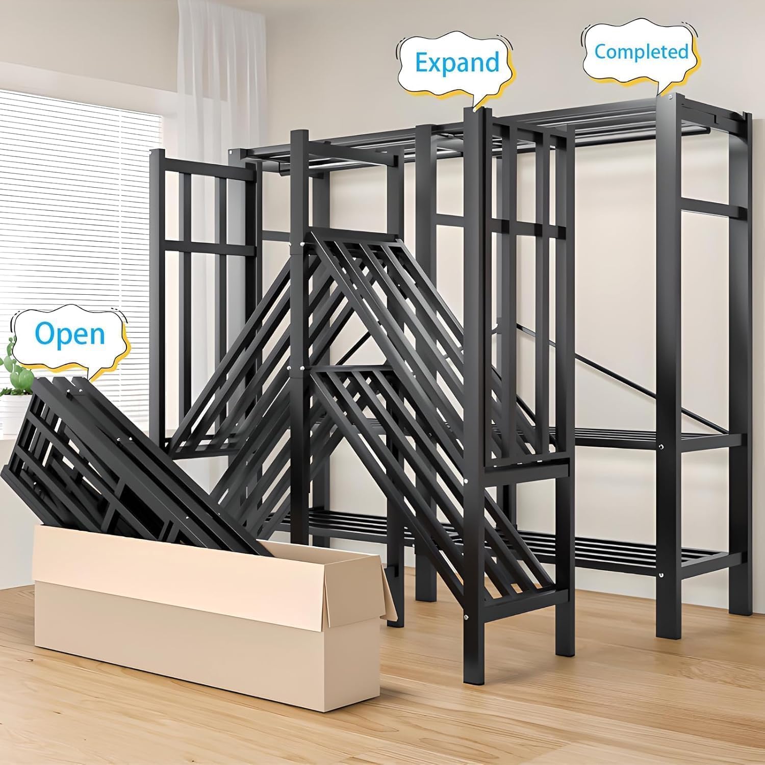 Heavy Duty Portable Closet with Cover 1200Ibs Foldable Covered Clothes Rack for Hanging Clothes Armoire Wardrobe Closet System Freestanding Coat Storage Garment Racks (150cm/59in（black）)
