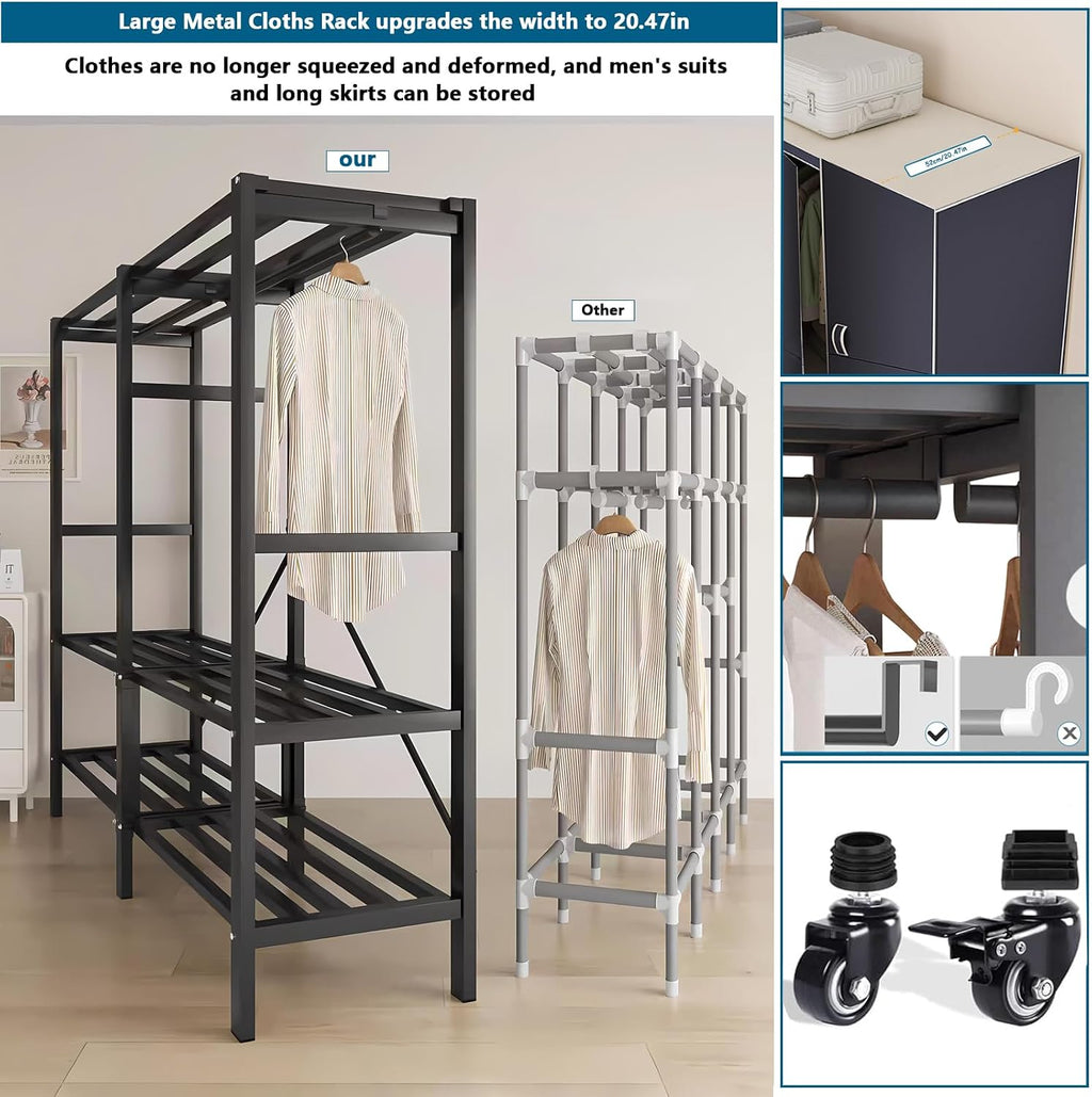 Heavy Duty Covered Clothes Rack with Magnetic Door 1500LBS Foldable Portable Wardrobe Closet for Hanging Clothing Rolling Black Metal Garment Rack on Wheels Closet System (navy blue doors, 39.7in)