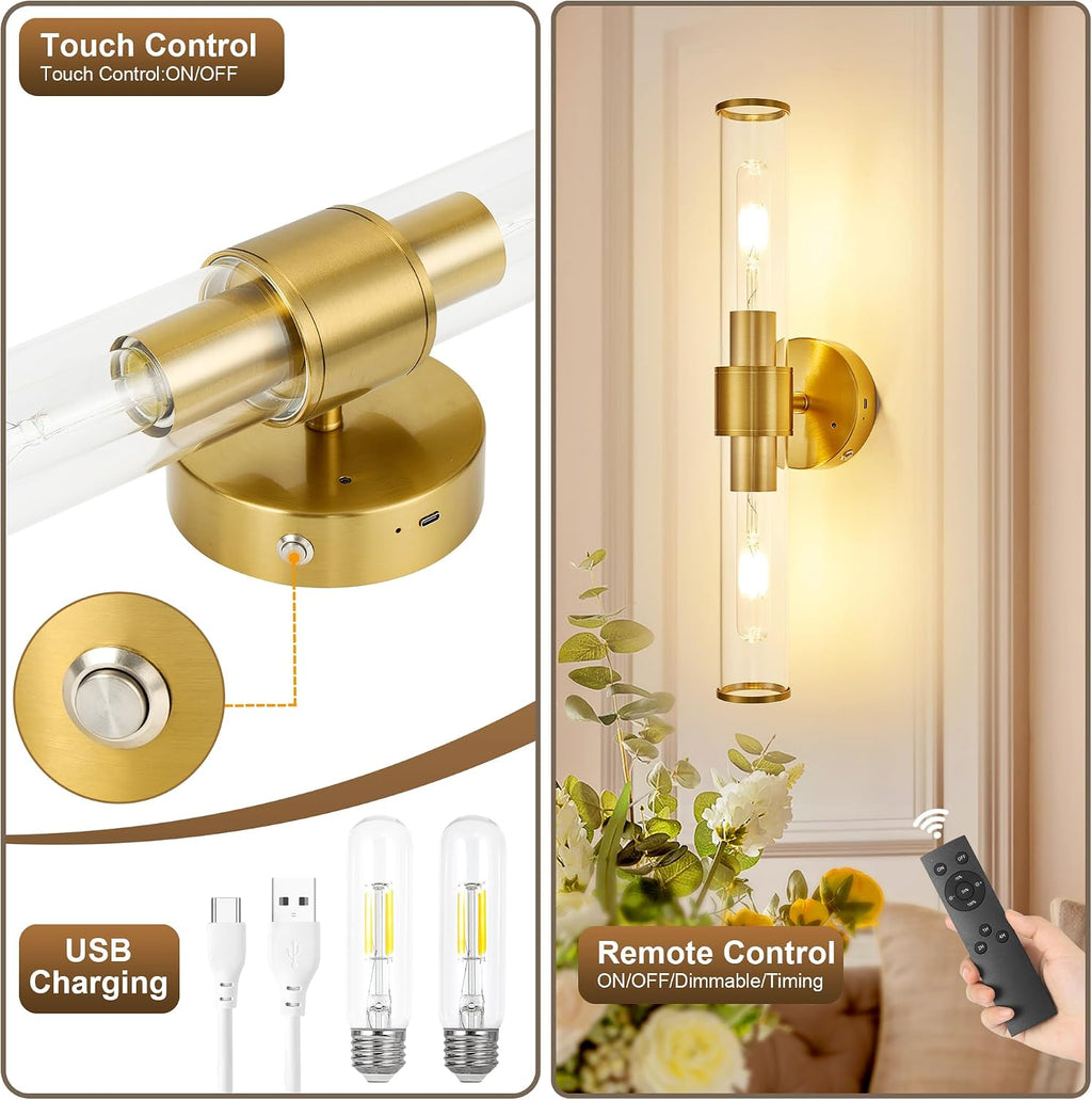 Morauroral Gold Battery Operated Wall Sconces Set of 2, Rechargeable Wall Lights with Remote Control, 20 Inch Modern Wireless Wall Lamp for Bedroom, Living Room with Clear Glass Shade (Bulbs Included)