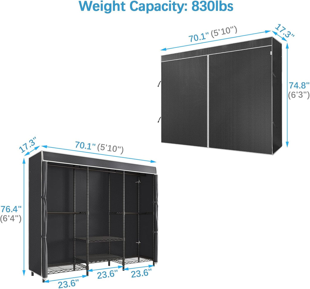 VIPEK V5C SE Garment Rack Wardrobe Closet, Heavy Duty Clothes Rack with Adjustable Shelves and Black Cover, Black Metal Closet Racks Clothing Storage Organizer for Bedroom, 70.1' Lx17.3 Wx76.4 H