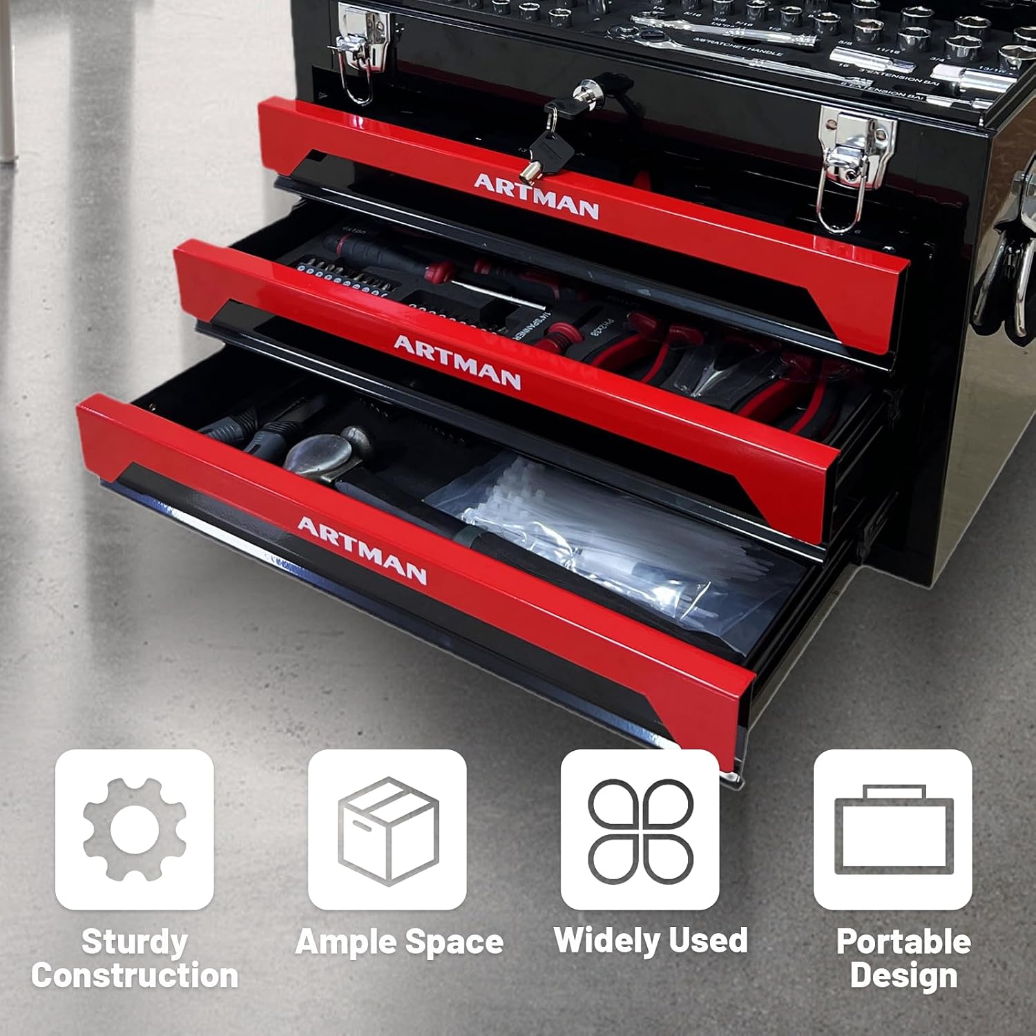 3 Drawer Tool Chest 439-Piece Mechanics Tool Set with Lock, Portable Household Tool Kit Heavy Duty Metal Tool Box for Garage, Warehouse,Workshop and Auto Repair (Red)