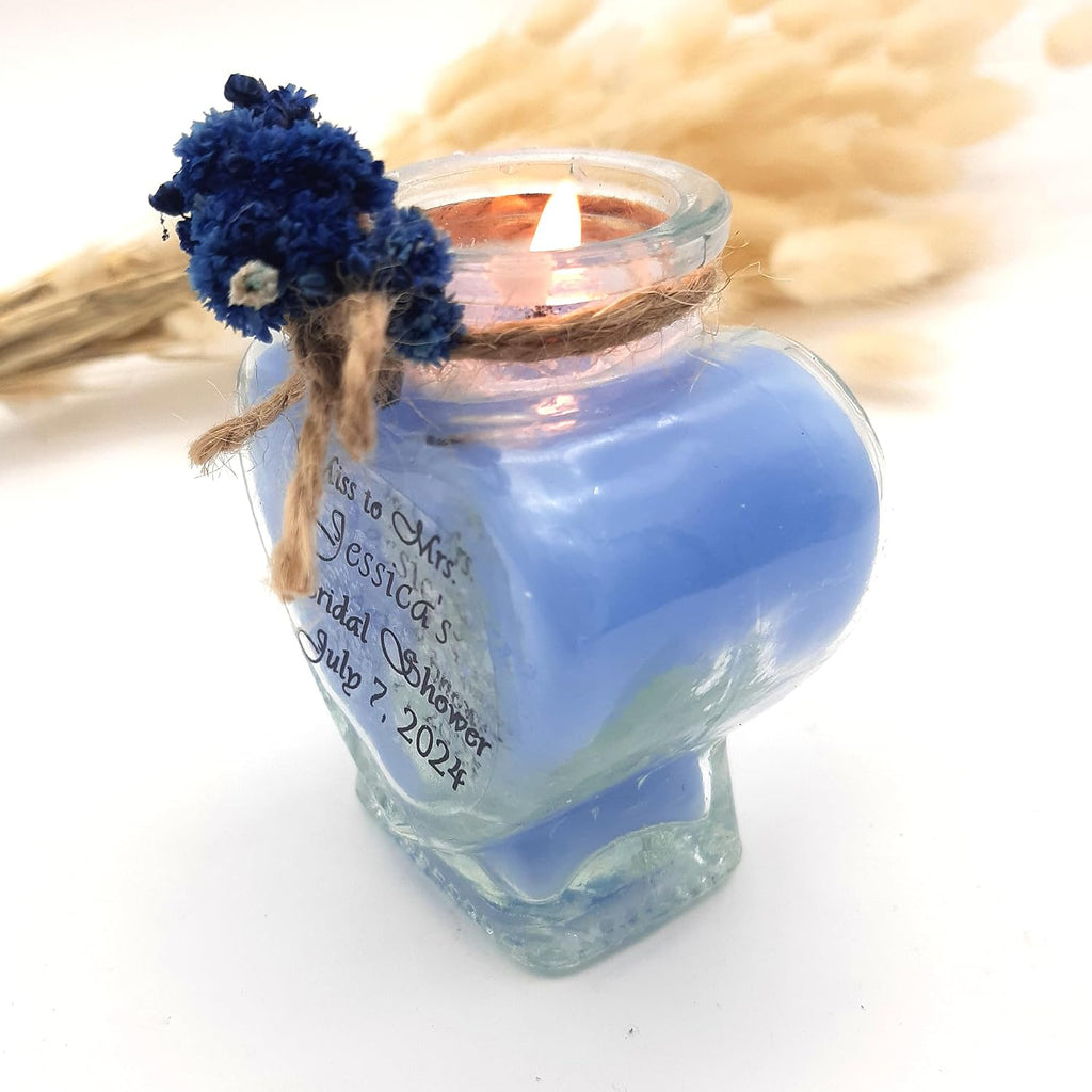 Wedding Favor guest Bulk, Set of Heart Glass Candle Party with custom sticker and dried flowers Bridal Party, Baby shower gifts (Blue Heart Glass, Set of 50)