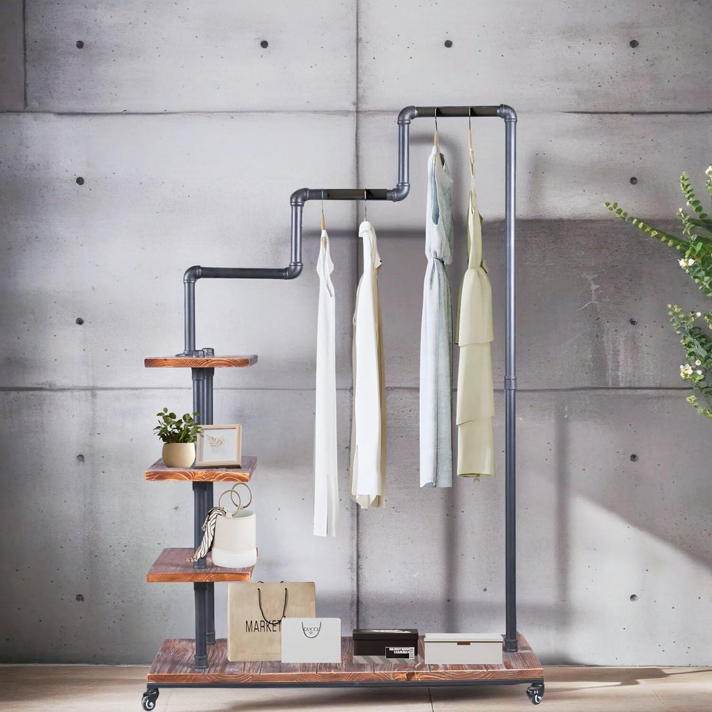 Industrial Pipe Clothing Rack 4 Layers Pine Wood Shelving Shoes Rack With Wheels Cloth Hanger Household Shoe Rack Pipe Shelf Garment Racks
