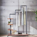 Industrial Pipe Clothing Rack 4 Layers Pine Wood Shelving Shoes Rack With Wheels Cloth Hanger Household Shoe Rack Pipe Shelf Garment Racks