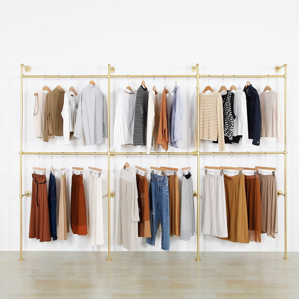 Wall Mounted Industrial Pipe Clothing Garment Racks, Metal Clothing Store Display Stands Clothes Rack Multi-purpose Heavy Duty Hanging Rod for Closet Storage, 134in Gold