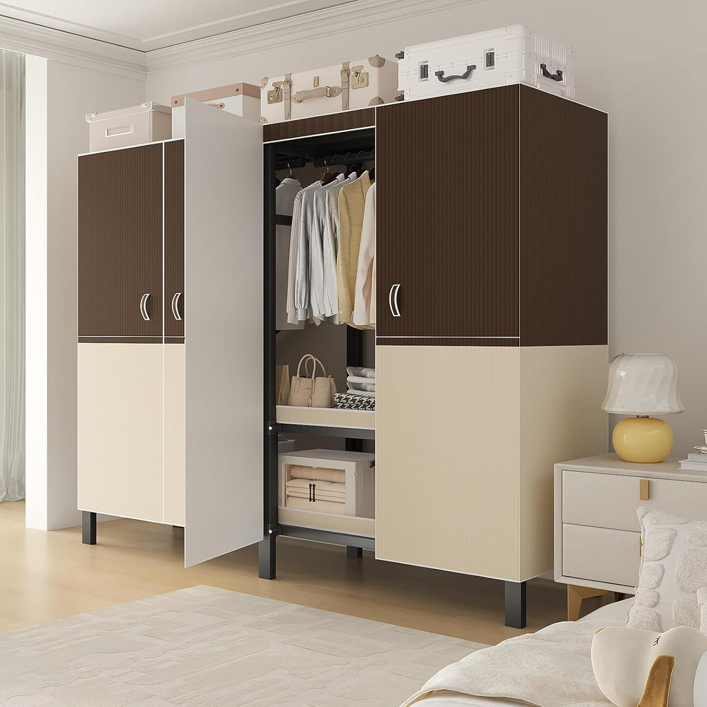 49.2in Heavy Duty Portable Closet with Cover, 1500lbs Foldable Covered Metal Clothing Wardrobe Closet System, Heavy Duty Garment Rack for Hanging Clothes, for Bedroom,Apartment,Rental Property,Brown