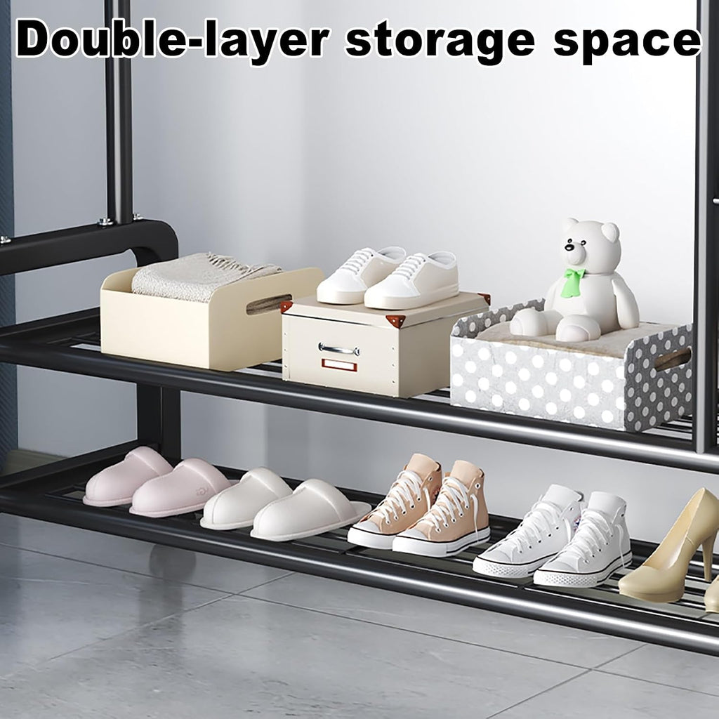Rolling Garment Rack With Wheels, Double Rods Clothing Rack, Standing Metal Clothes Racks With Shelves, Portable Wardrobe Sturdy Racks For Bedroom Entryway(White,150cm/59in)