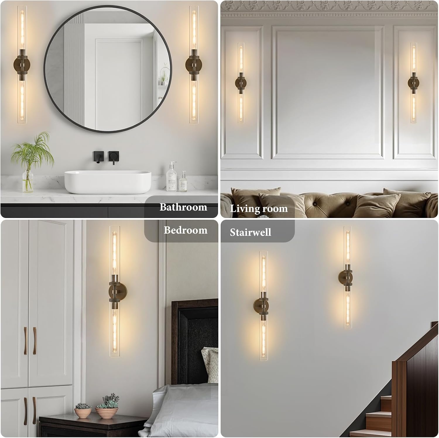 Knurled Brass Bathroom Wall Sconce - Luxury Brushed Antique Gold Sconces - Dimmable Indoor Lighting - Modern Linear Tube Vanity Lights Fixture with Clear Glass for Bedroom Living Room Decor