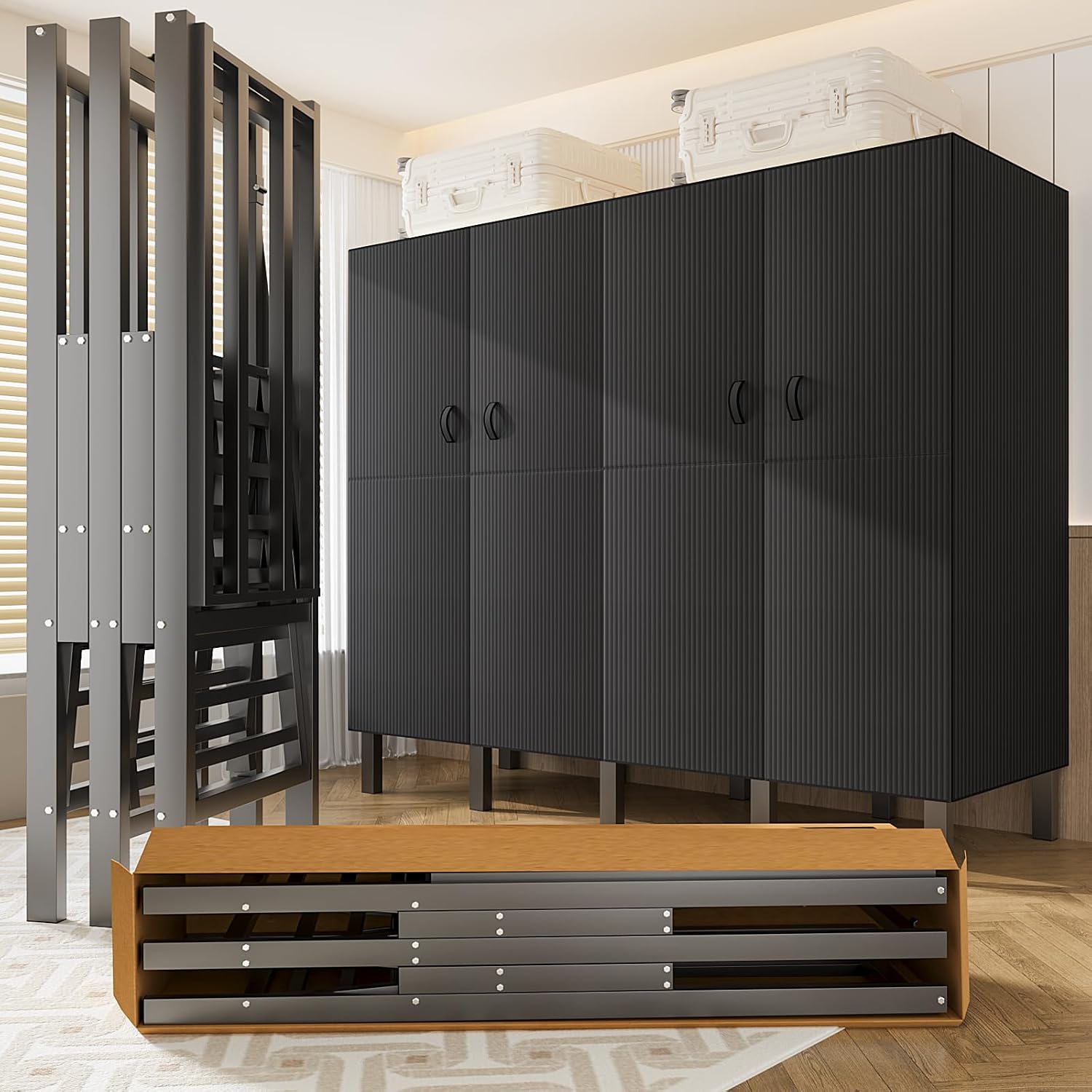 49.2in Foldable Portable Wardrobe with Magnetic Door Large Heavy Duty Rolling Covered Clothes Rack Folding Closet on Wheels Metal Garment Rack for Hanging Clothes (B,Black Door, 125cm/49.2in)