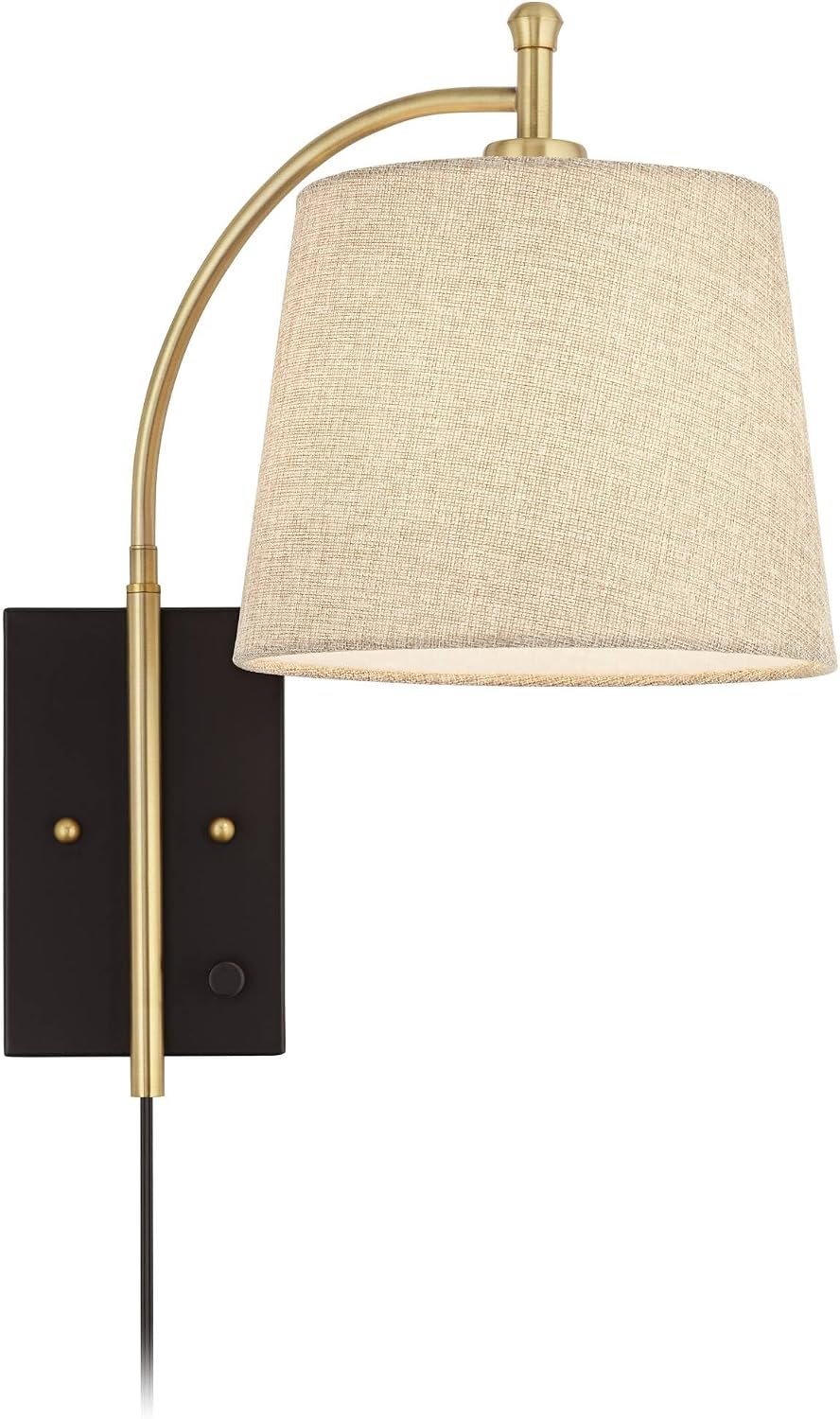 360 Lighting Chester Modern Swing Arm Wall Lamps Set of 2 Brass Black Metal Plug-in Light Fixture Tan Fabric Drum Shade for Bedroom Bedside House Reading Living Room Home Hallway Dining