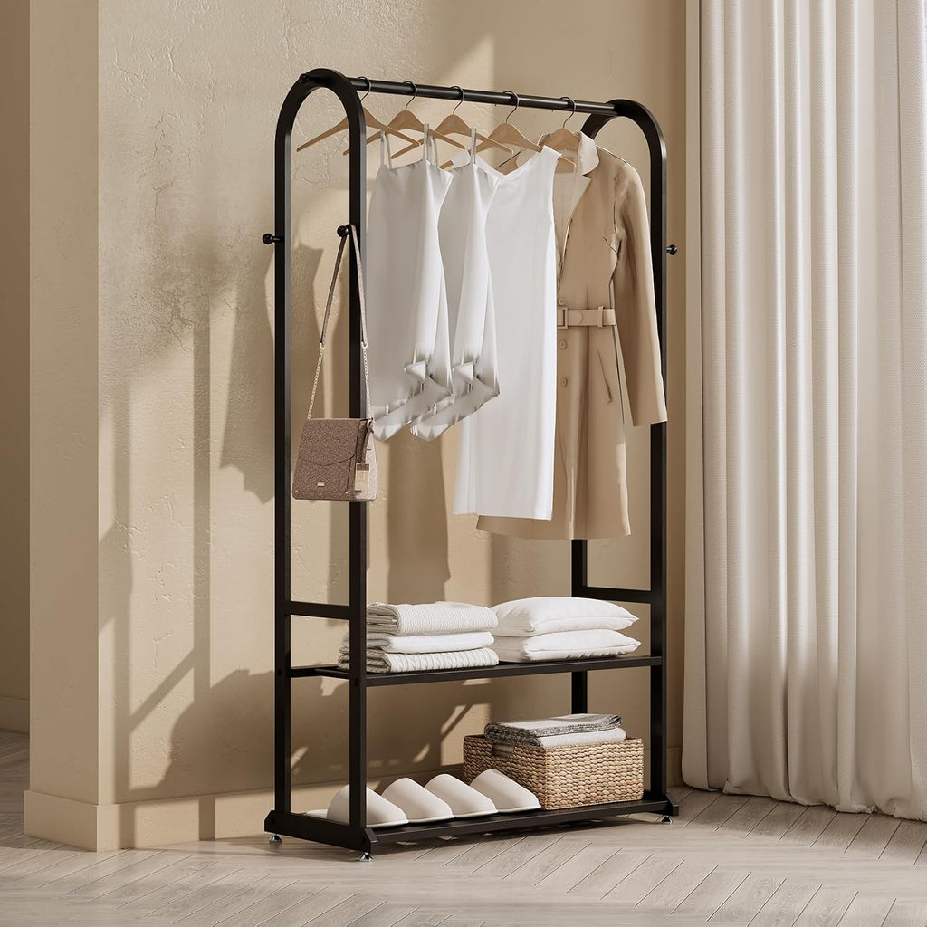 Freestanding Clothes Rack,Sturdy Metal Garment Racks for Hanging Clothes,Black Clothing Racks with bottom shelves & 6 Hooks,Multi-Functional Wardrobe Rack for Bedroom or Closet
