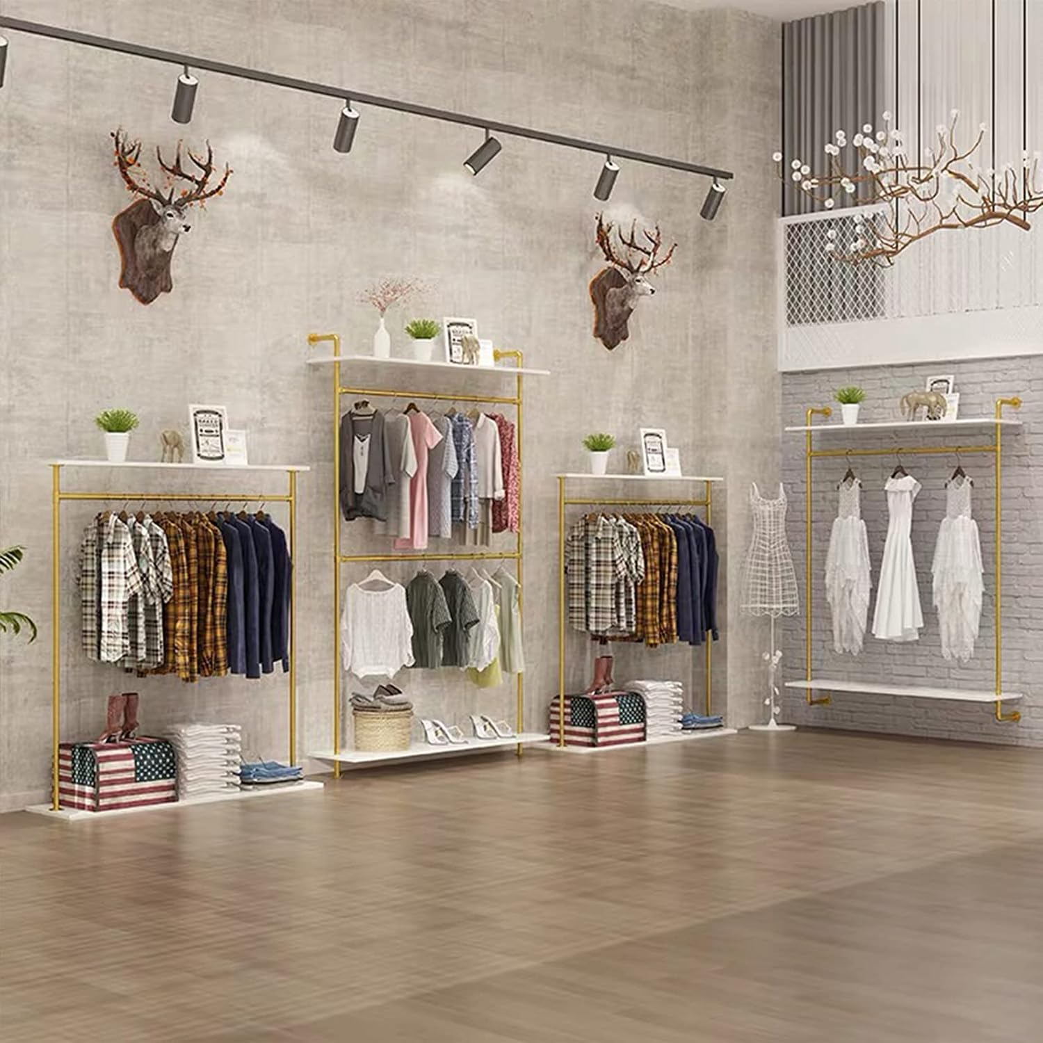 Modern Simple 2 Tier Industrial Pipe and Wood Garment Rack,Wall Mounted Double Hanging Rods Clothing Rack,Retail Display Storage Clothes Hanging Shelves (One Shelves,Gold, 47.2'L)