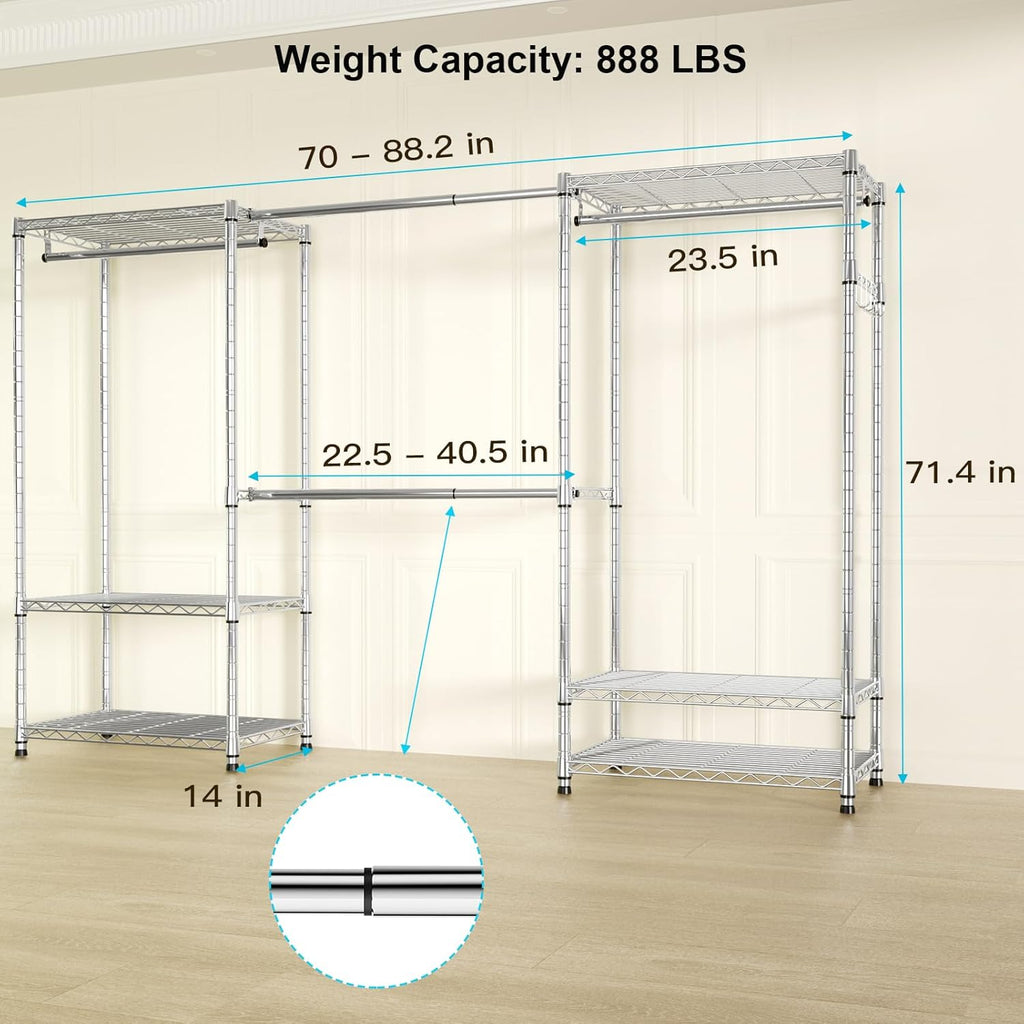 Ulif E1 Heavy Duty Closet Garment Rack, 6 Tiers Adjustable Metal Freestanding Expandable Clothing Storage with 4 Hanger Rods, Easy to Assemble Wardrobe, 71.4' H x (70' - 88.2') L x 14' D, Chrome
