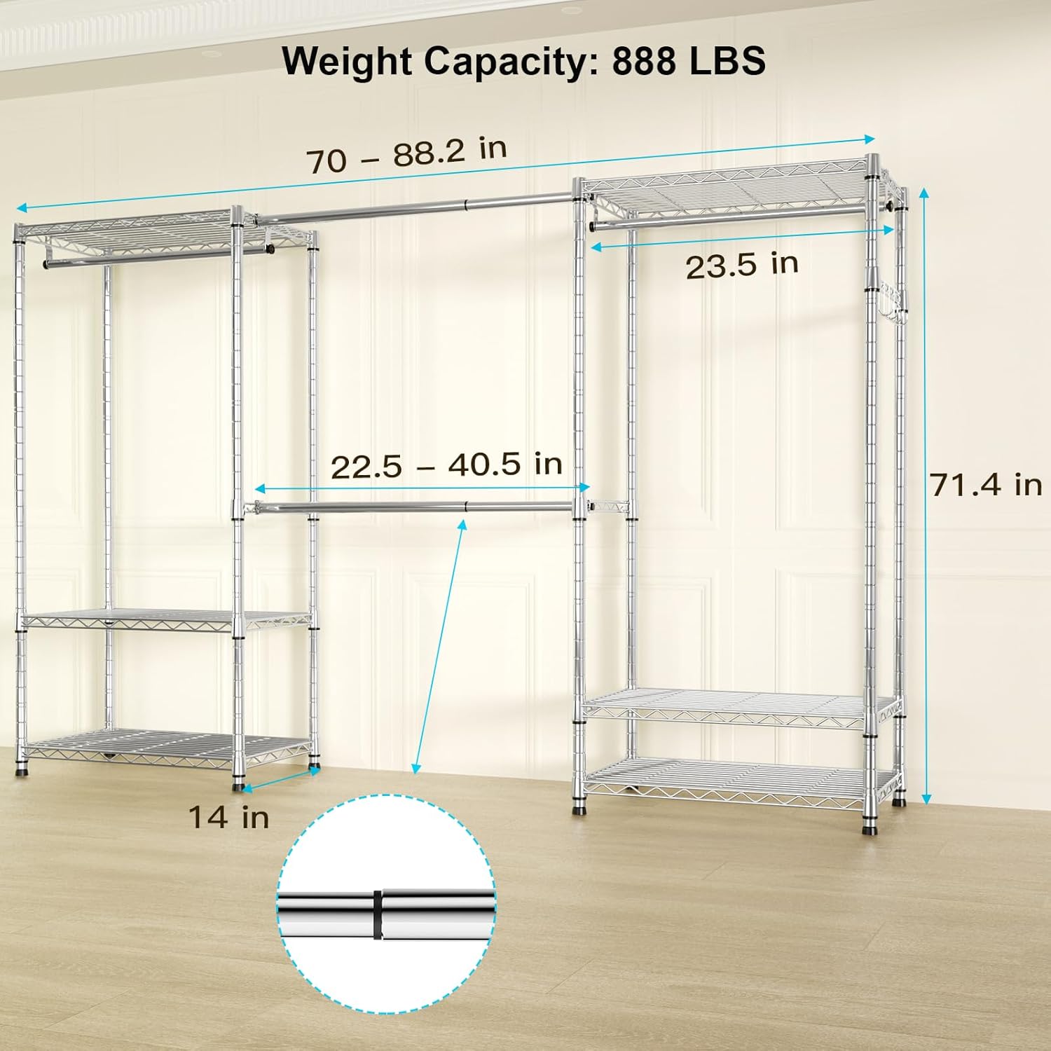 Ulif E1 Heavy Duty Closet Garment Rack, 6 Tiers Adjustable Metal Freestanding Expandable Clothing Storage with 4 Hanger Rods, Easy to Assemble Wardrobe, 71.4' H x (70' - 88.2') L x 14' D, Chrome