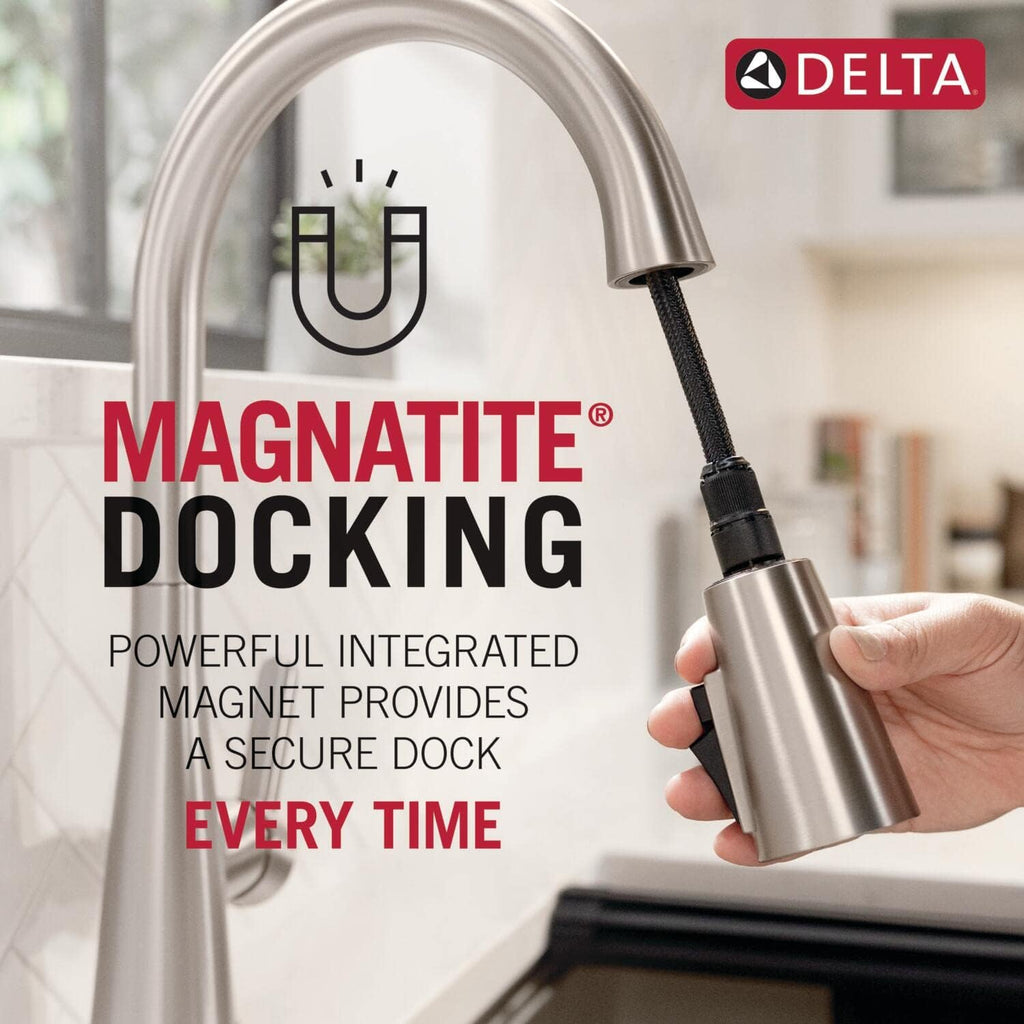 Delta Almari Brushed Nickel Kitchen Faucet with Pull-Out Sprayer, Modern Single Hole Kitchen Sink Faucet, Single Handle, Stainless 16943-SS-DST