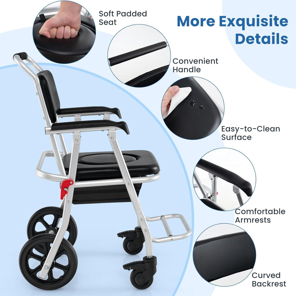Giantex Bedside Commode Wheelchair for Toilet - Foldable Shower Chair with Arms, Lockable Casters, Detachable Bucket, Transport Wheelchair, Rolling Bath Chair, Shower Seats for Elderly, Handicap